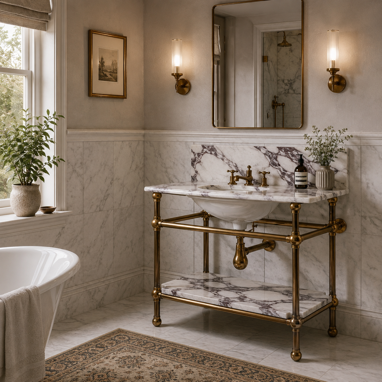 Ravenscourt Single Brass Console Bathroom Sink (Inc. Marble Top, Upstand, Shelf & Sink) - Rutland London (USA)