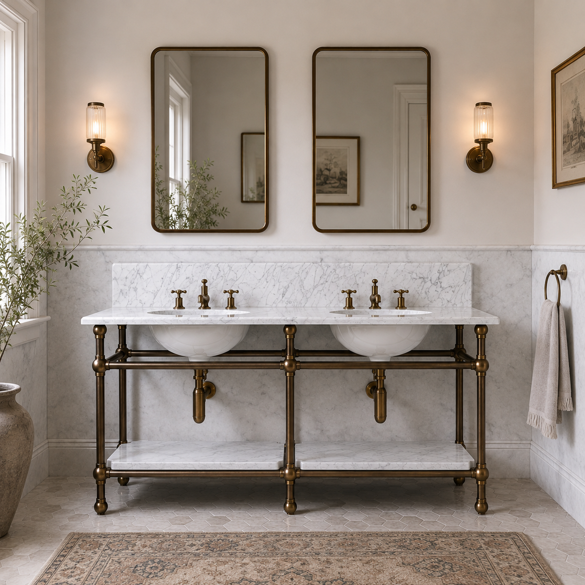Ravenscourt Double Brass Console Bathroom Sink (Inc. Marble Top, Upstand, Shelf & Sinks) - Rutland London (USA)