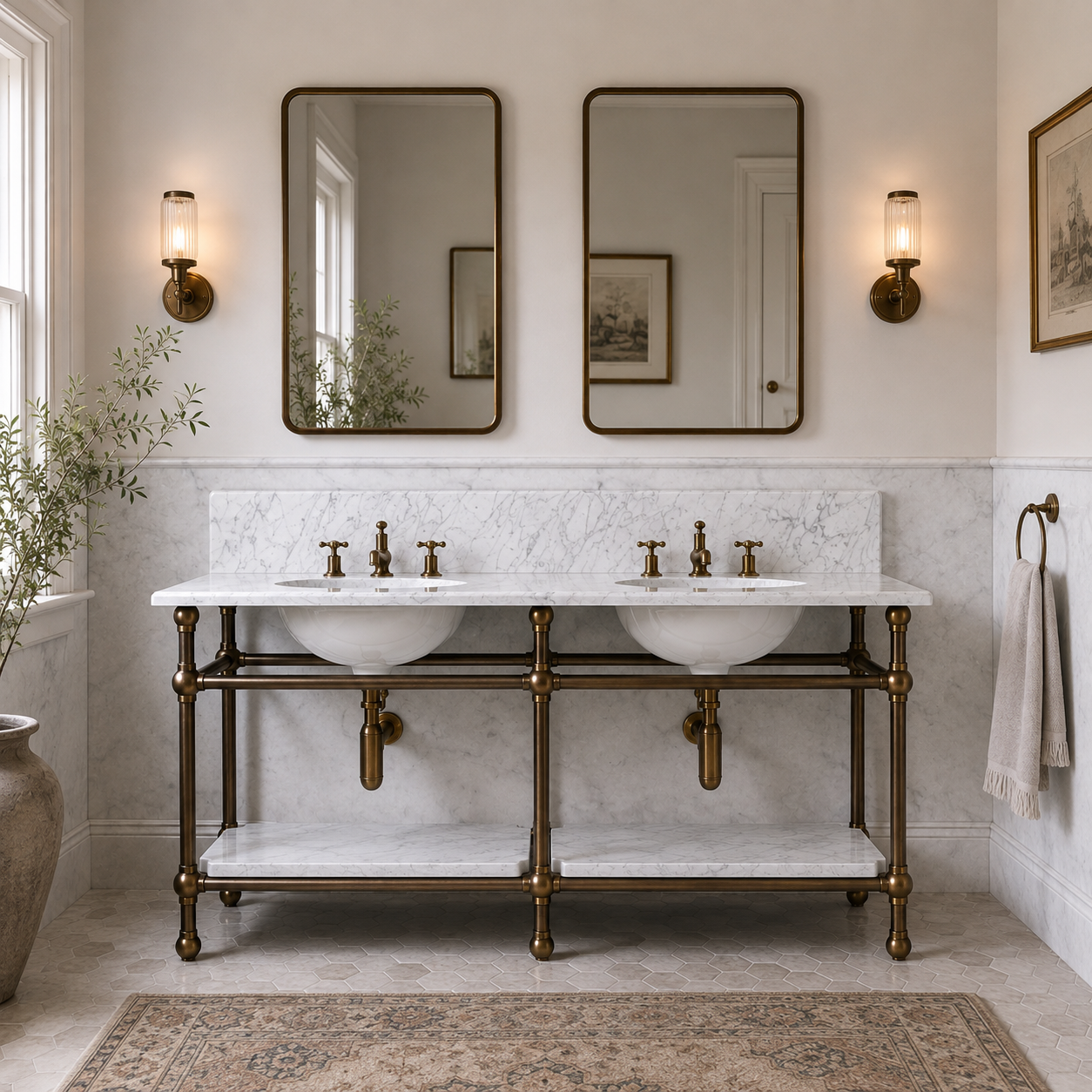 Ravenscourt Double Brass Console Bathroom Sink (Inc. Marble Top, Upstand, Shelf & Sinks) - Rutland London (USA)