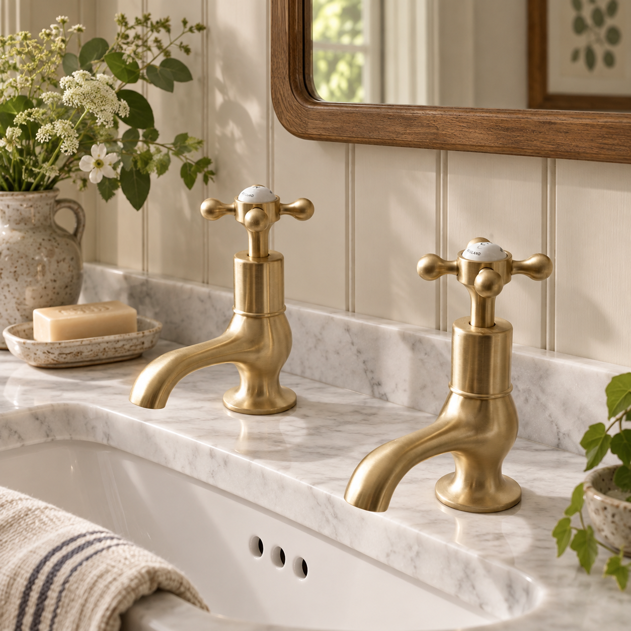 Rectory White Ceramic Cross Handle Single Hole Pillar Tap Bathroom Sink Faucets (Pair) - Rutland London (USA)