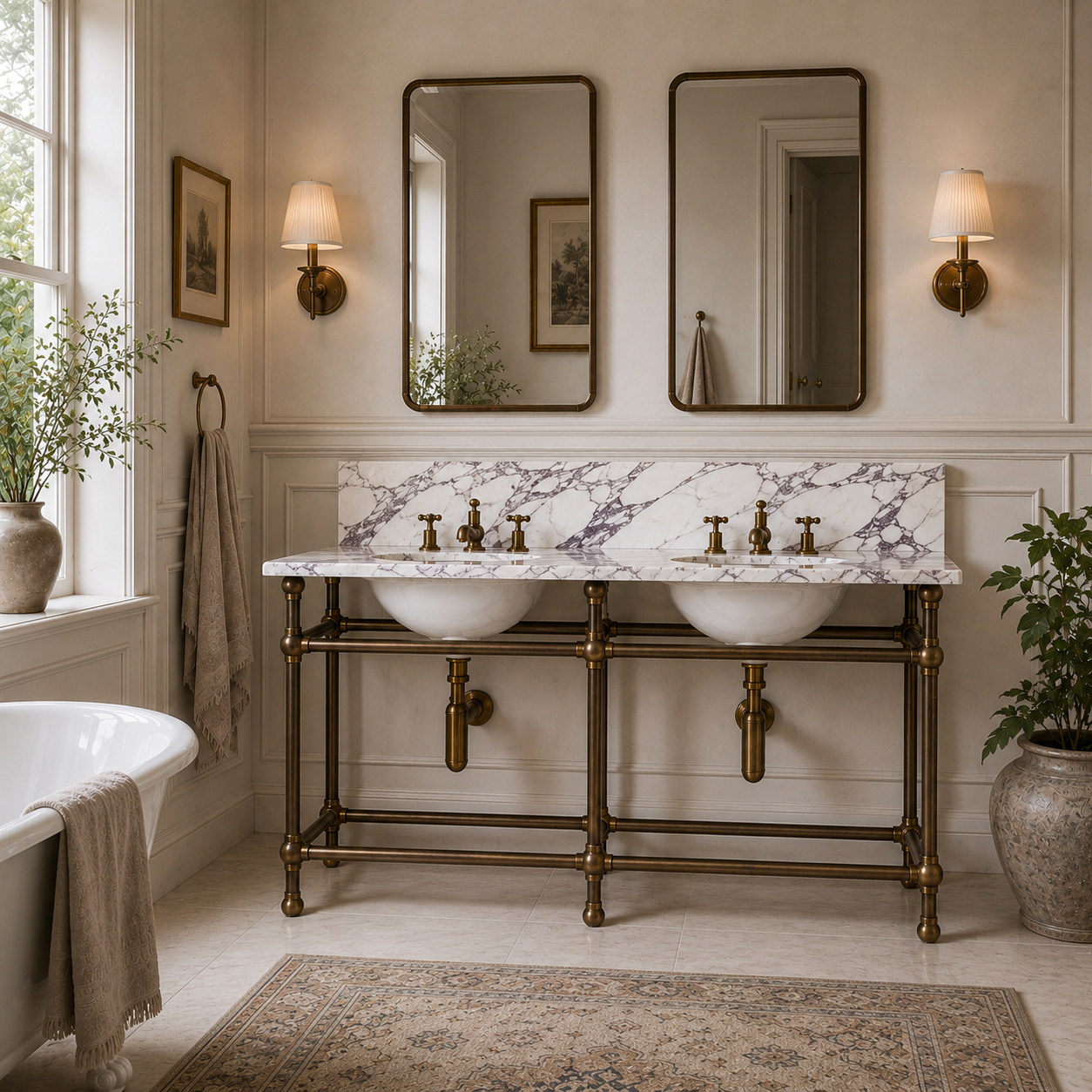 Regent Double Brass Console Bathroom Sink (Inc. Marble Top, Upstand & Sinks) - Rutland London (USA)