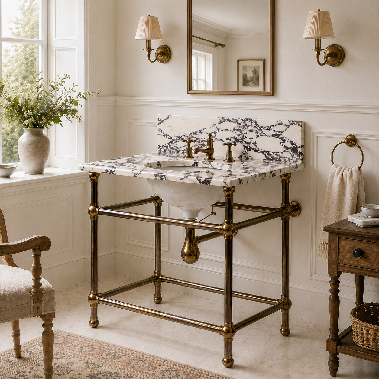 Regent Single Brass Console Bathroom Sink (Inc. Marble Top, Upstand & Sink) - Rutland London (USA)
