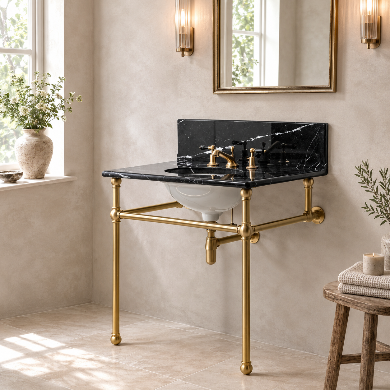 Reliance Single Brass Console Bathroom Sink (Inc. Marble Top, Upstand & Sink) - Rutland London (USA)