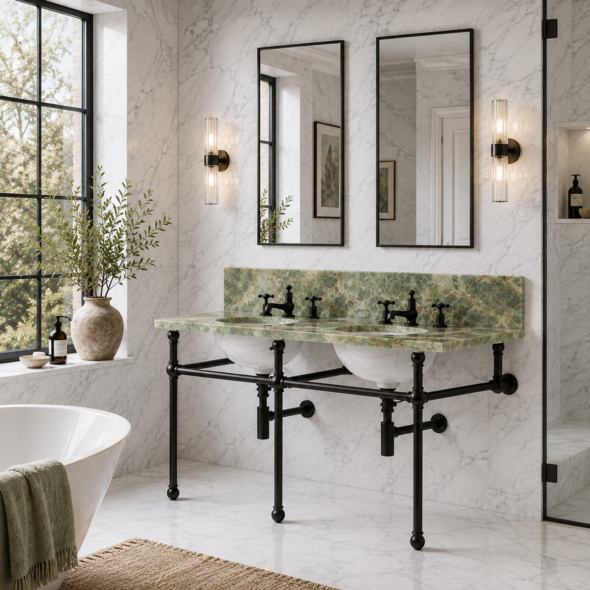 Reliance Double Brass Console Bathroom Sink (Inc. Marble Top, Upstand & Sinks) - Rutland London (USA)