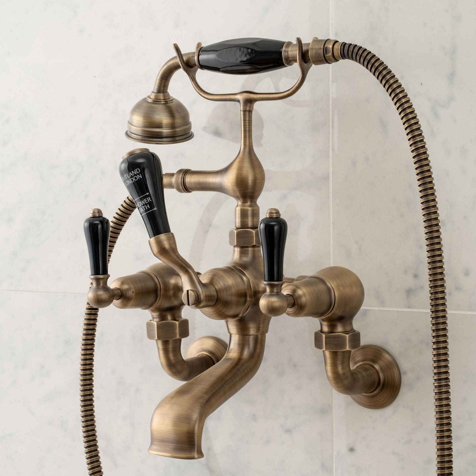 Kemble Black Ceramic Lever Wall Mount Tub Filler With Built-In Diverter (Inc. Hand Shower) - Rutland London (USA)