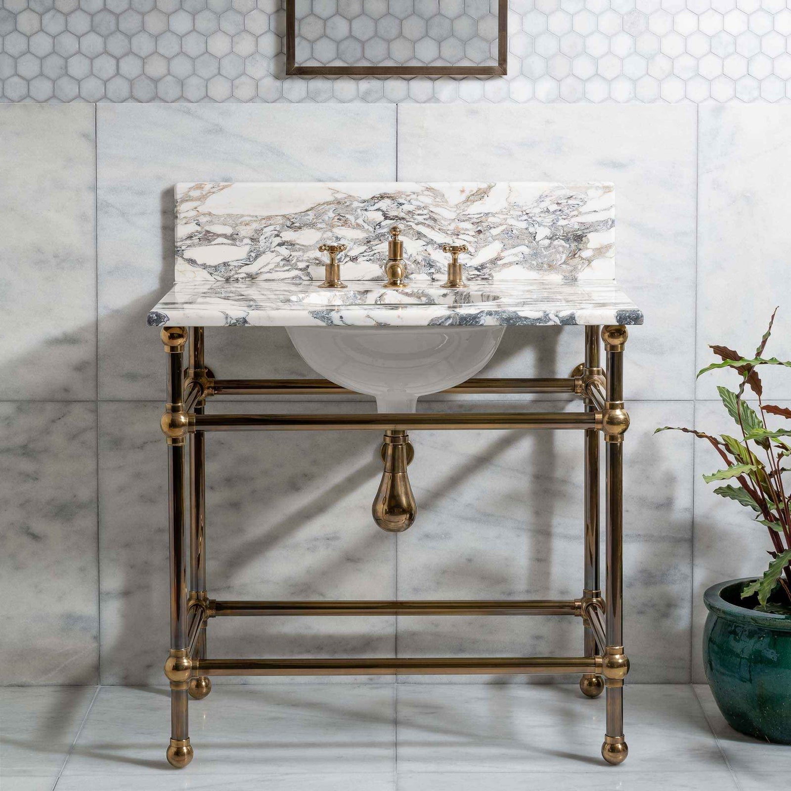 Regent Single Brass Console Bathroom Sink (Inc. Marble Top, Upstand & Sink) - Rutland London (USA)