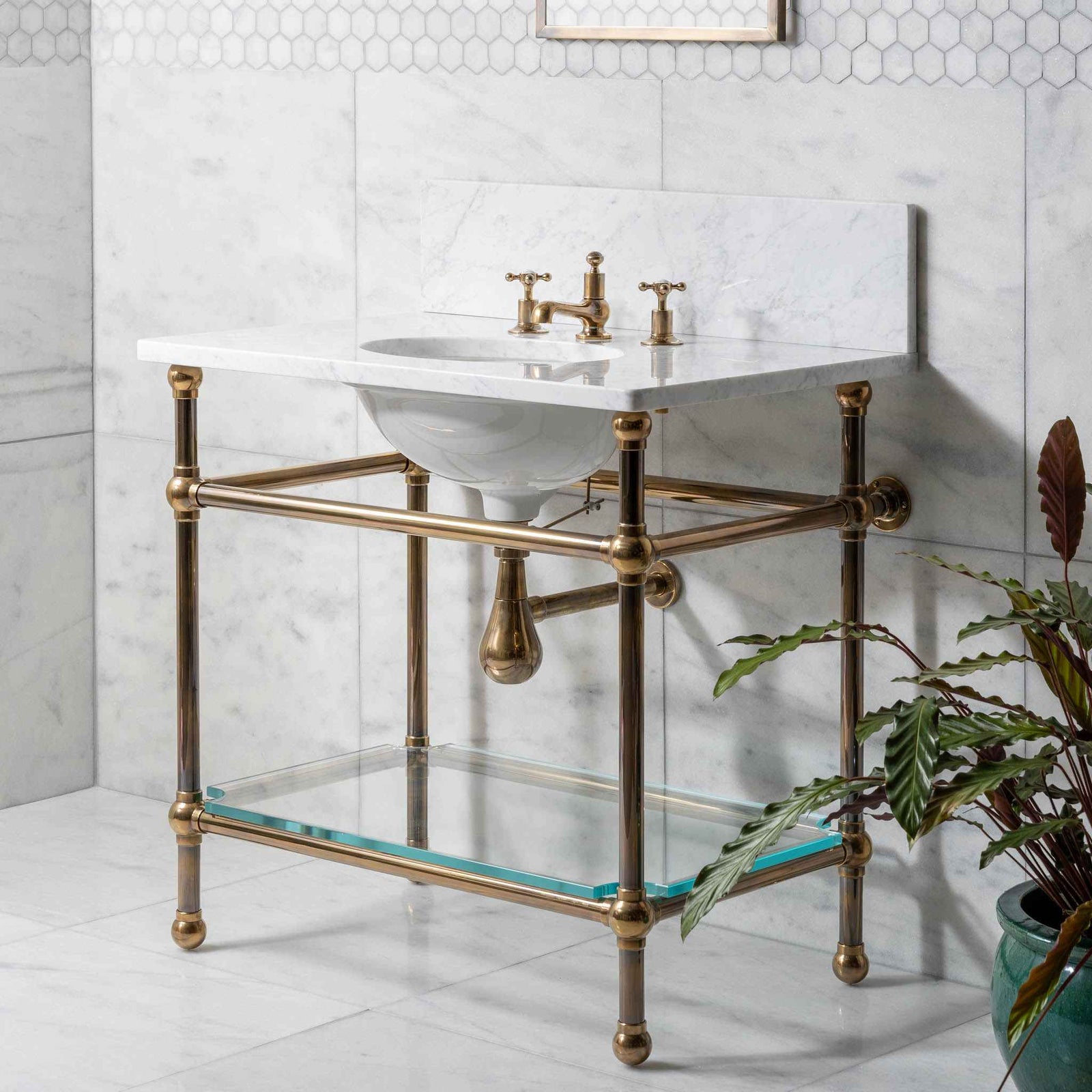 Colville Single Brass Console Bathroom Sink (Inc. Marble Top, Upstand, Glass Shelf & Sink) - Rutland London (USA)