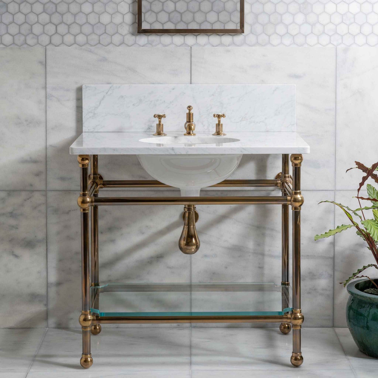 Colville Single Brass Console Bathroom Sink (Inc. Marble Top, Upstand, Glass Shelf & Sink) - Rutland London (USA)