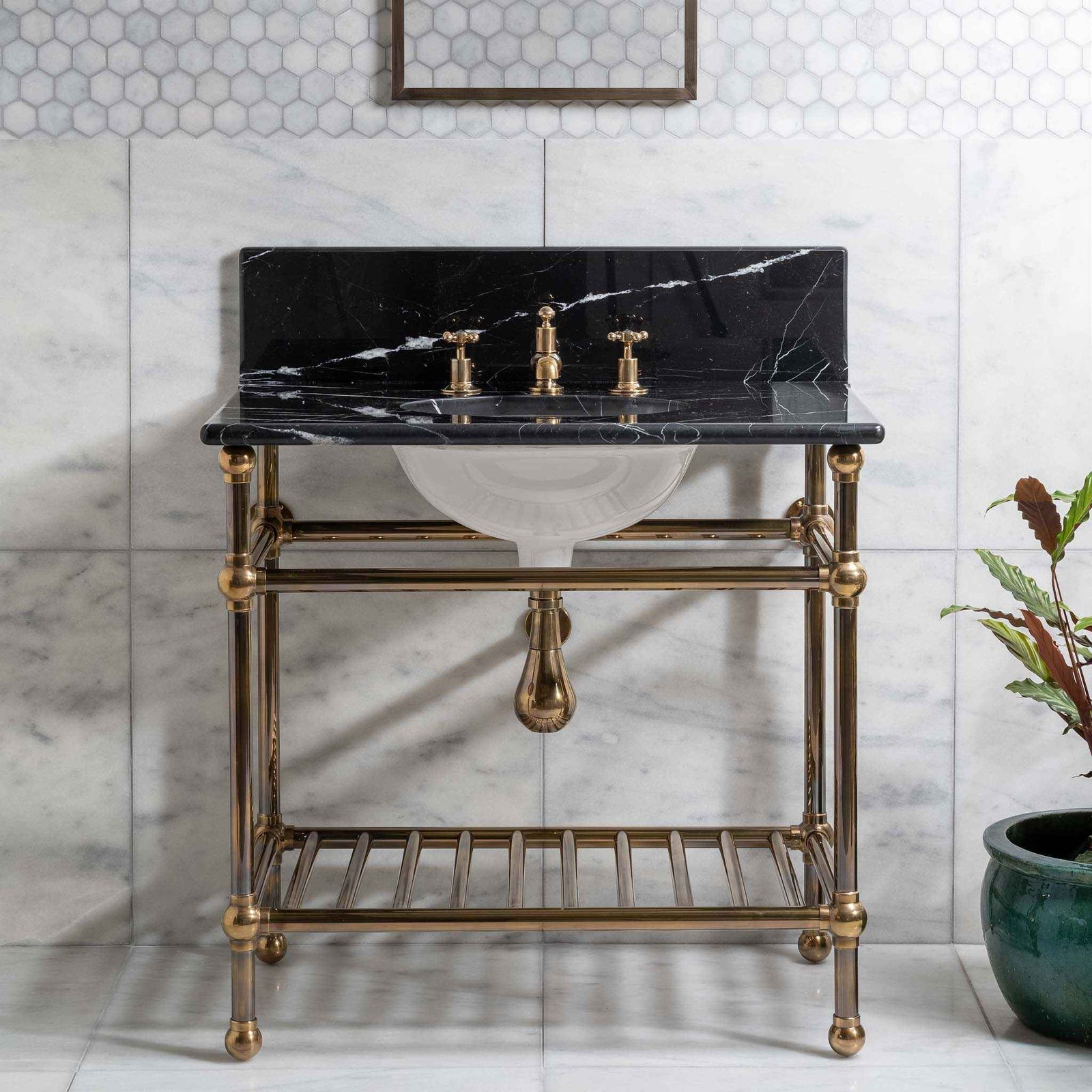 Westminster Single Brass Console Bathroom Sink (Inc. Marble Top, Upstand, Brass Rack & Sink) - Rutland London (USA)