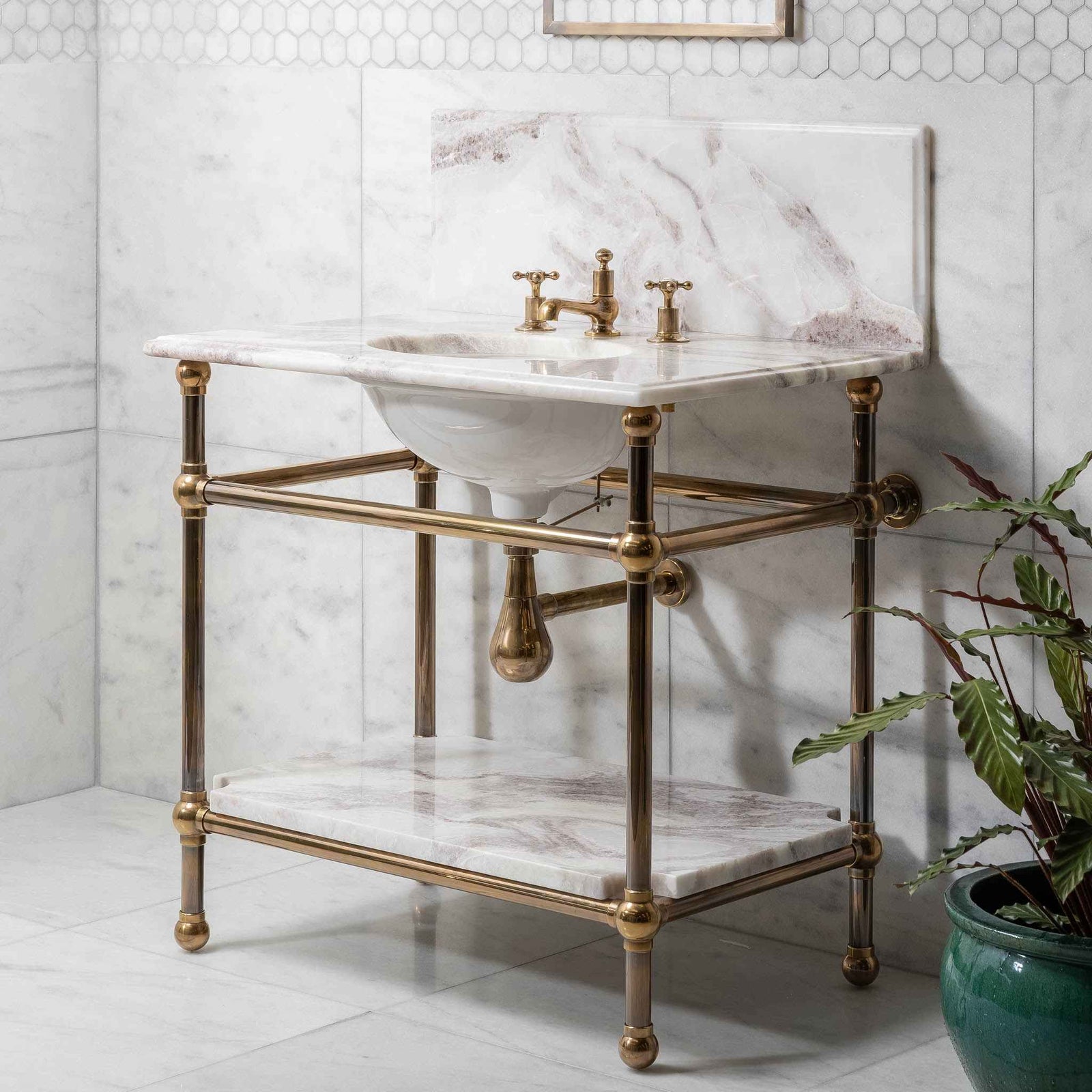 Ravenscourt Single Brass Console Bathroom Sink (Inc. Marble Top, Upstand, Shelf & Sink) - Rutland London (USA)