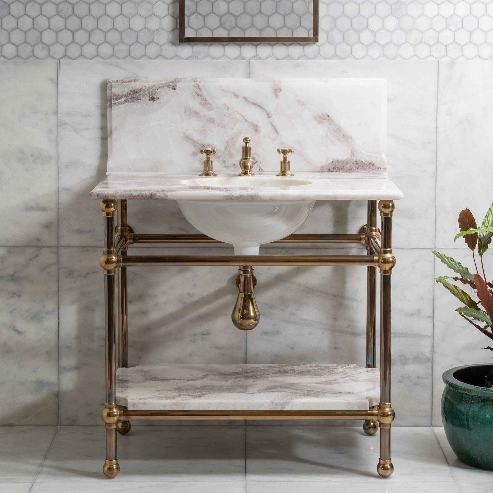 Ravenscourt Single Brass Console Bathroom Sink (Inc. Marble Top, Upstand, Shelf & Sink) - Rutland London (USA)