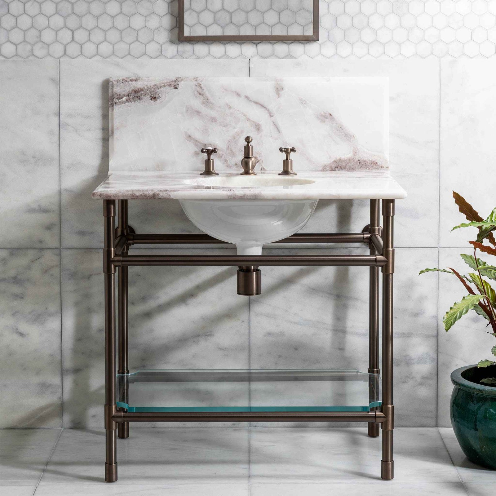 Orchard Single Brass Console Bathroom Sink (Inc. Marble Top, Upstand, Glass Shelf & Sink) - Rutland London (USA)