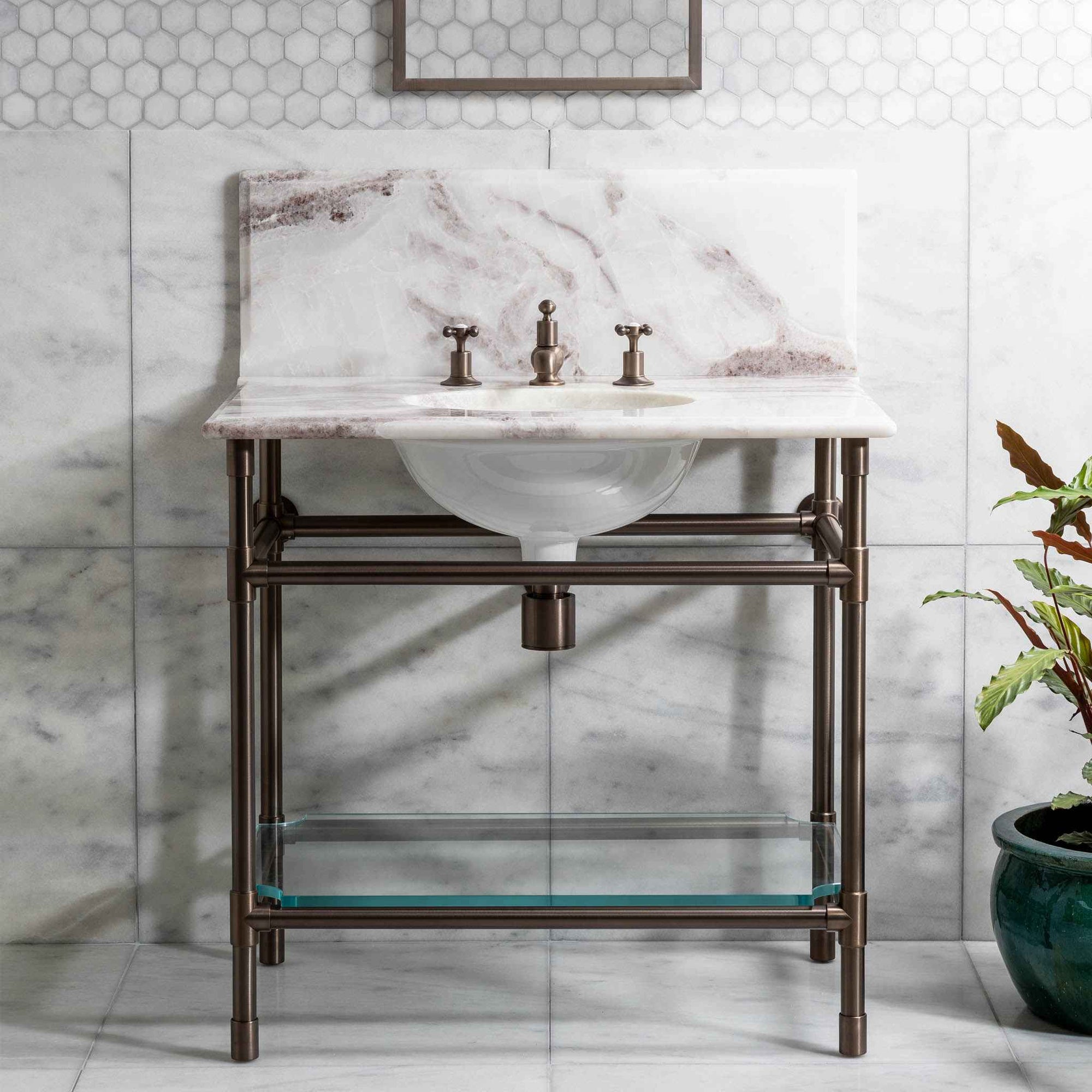 Orchard Brass Console Bathroom Sink (Inc. Marble Top, Upstand, Glass Shelf & Sink) - Rutland London (USA)