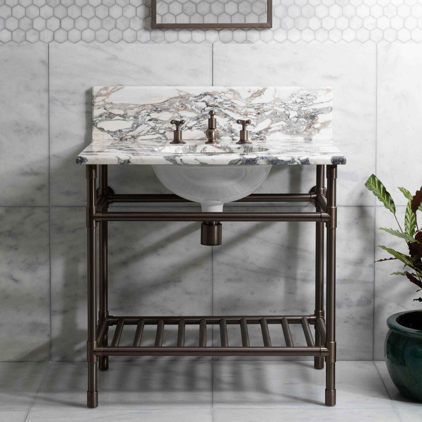 Trinity Single Brass Console Bathroom Sink (Inc. Marble Top, Upstand, Brass Rack & Sink) - Rutland London (USA)