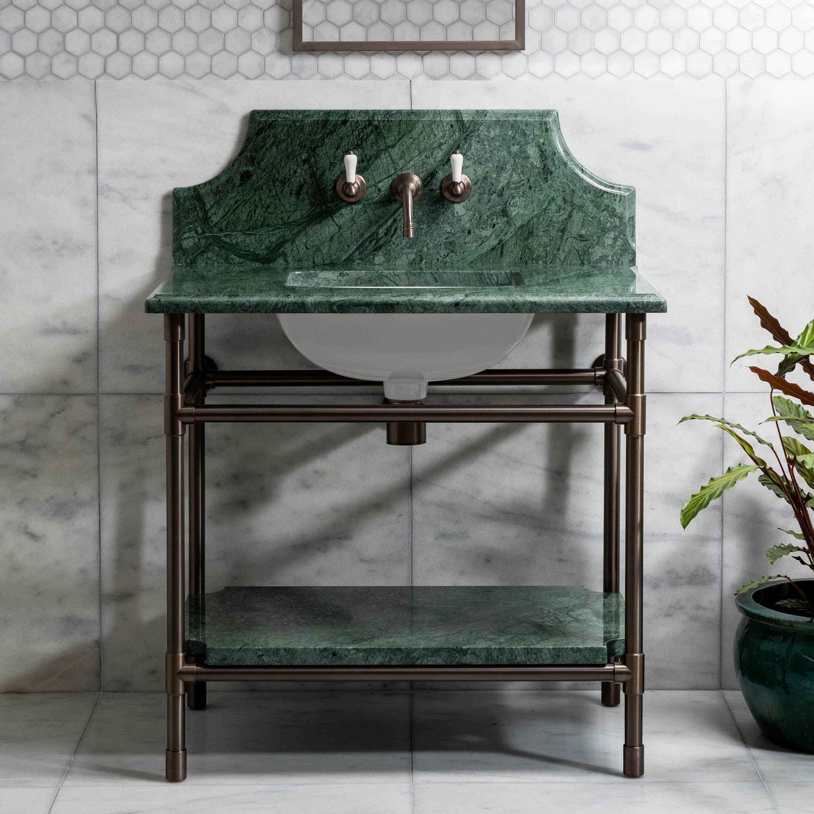 Franklin Single Brass Console Bathroom Sink (Inc. Marble Top, Upstand, Shelf & Sink) - Rutland London (USA)