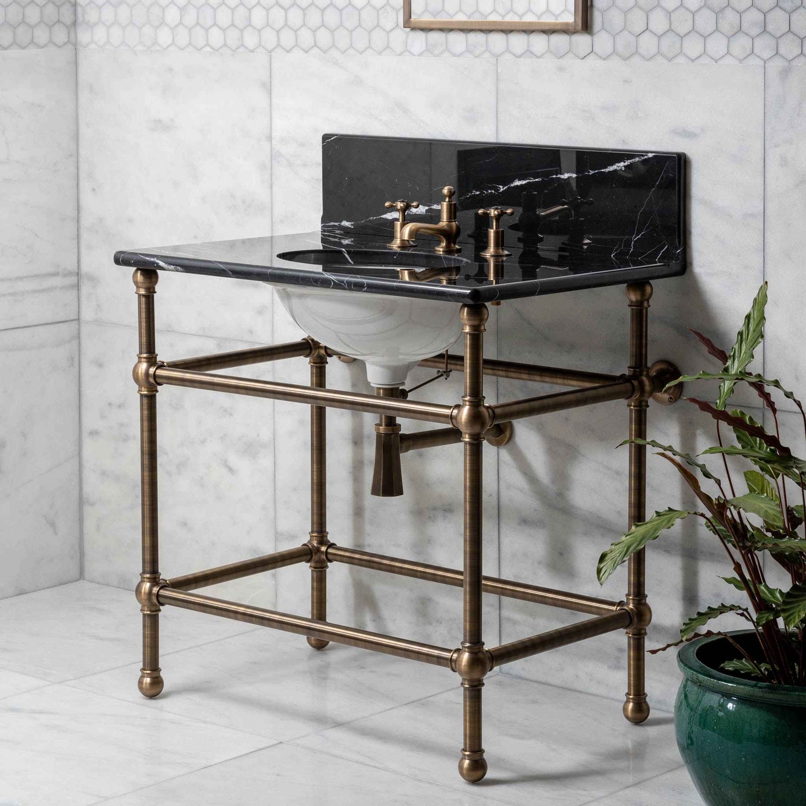 Lloyd Single Brass Console Bathroom Sink (Inc. Marble Top, Upstand & Sink) - Rutland London (USA)