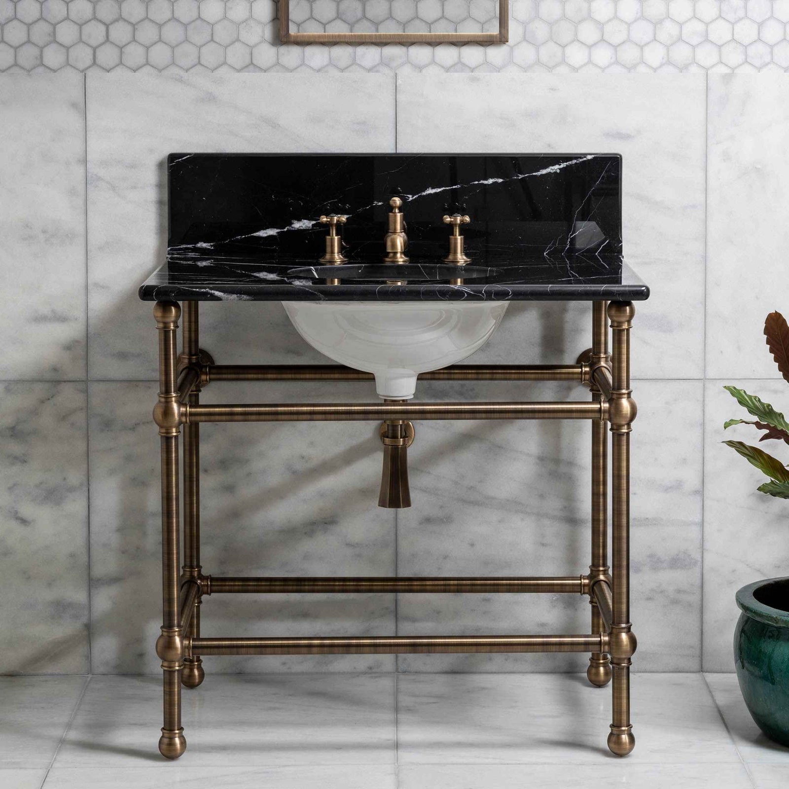 Lloyd Single Brass Console Bathroom Sink (Inc. Marble Top, Upstand & Sink) - Rutland London (USA)