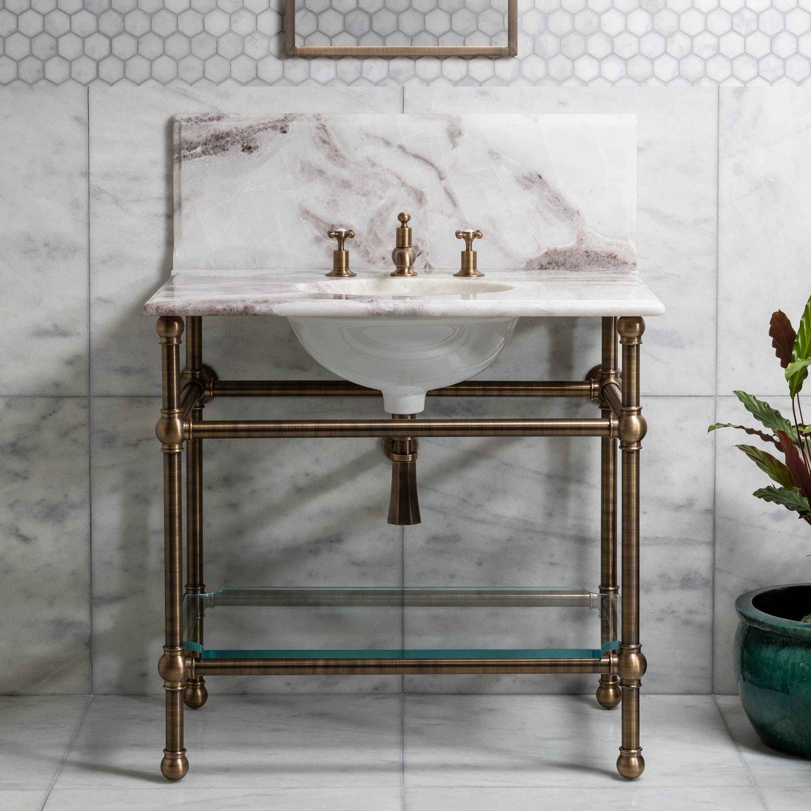 Coleridge Single Brass Console Bathroom Sink (Inc. Marble Top, Upstand, Glass Shelf & Sink) - Rutland London (USA)