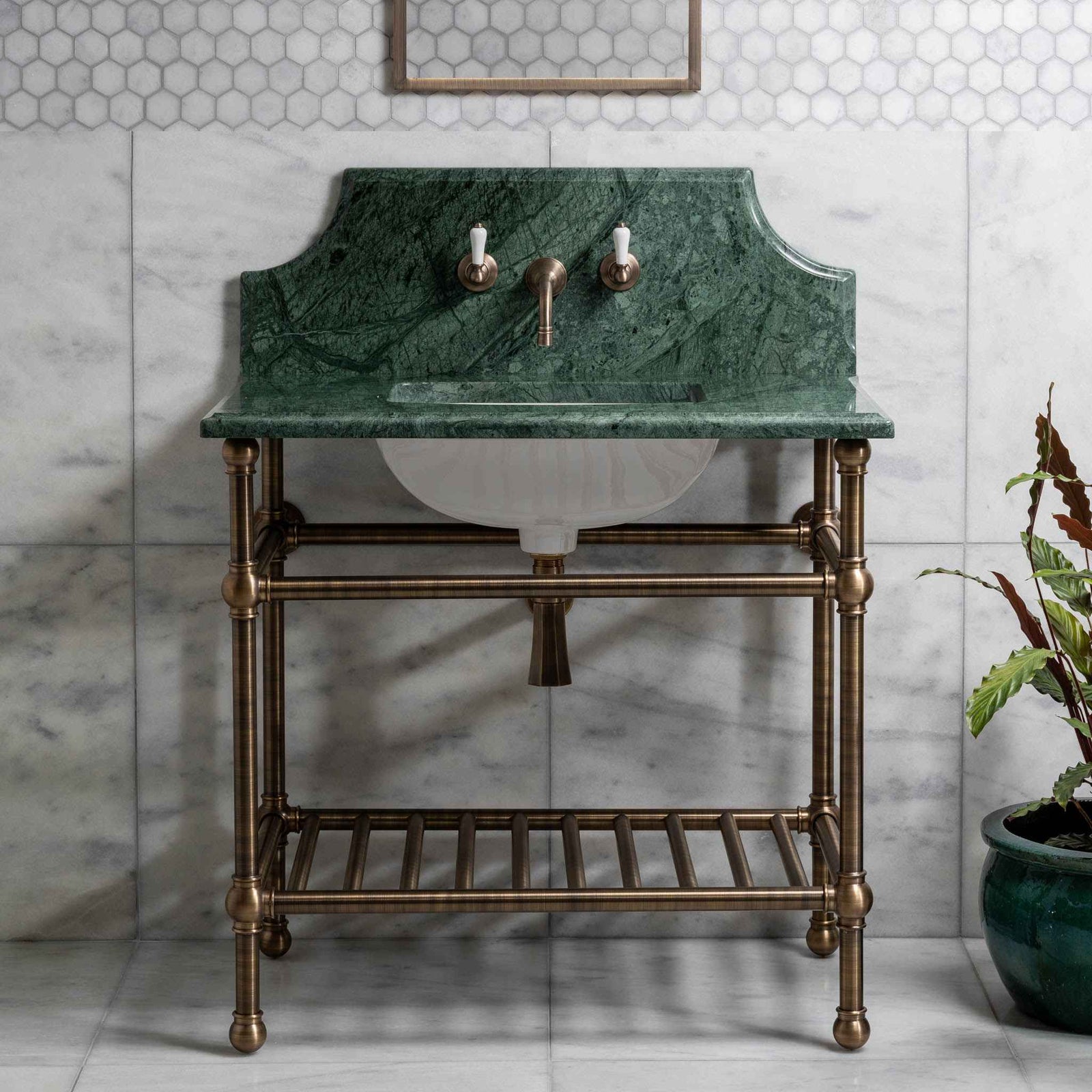 Cadogan Single Brass Console Bathroom Sink (Inc. Marble Top, Upstand, Brass Rack & Sink) - Rutland London (USA)