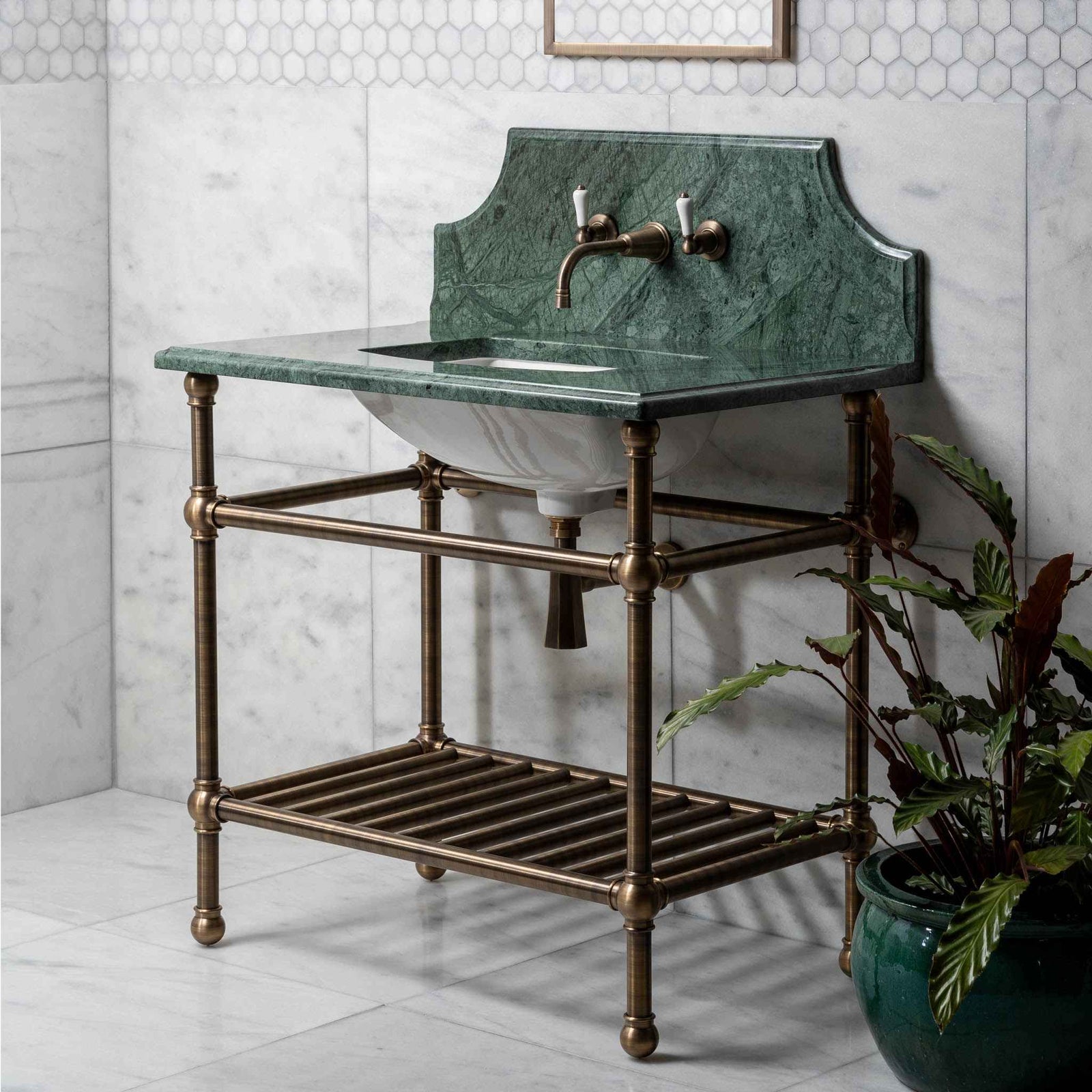 Cadogan Single Brass Console Bathroom Sink (Inc. Marble Top, Upstand, Brass Rack & Sink) - Rutland London (USA)