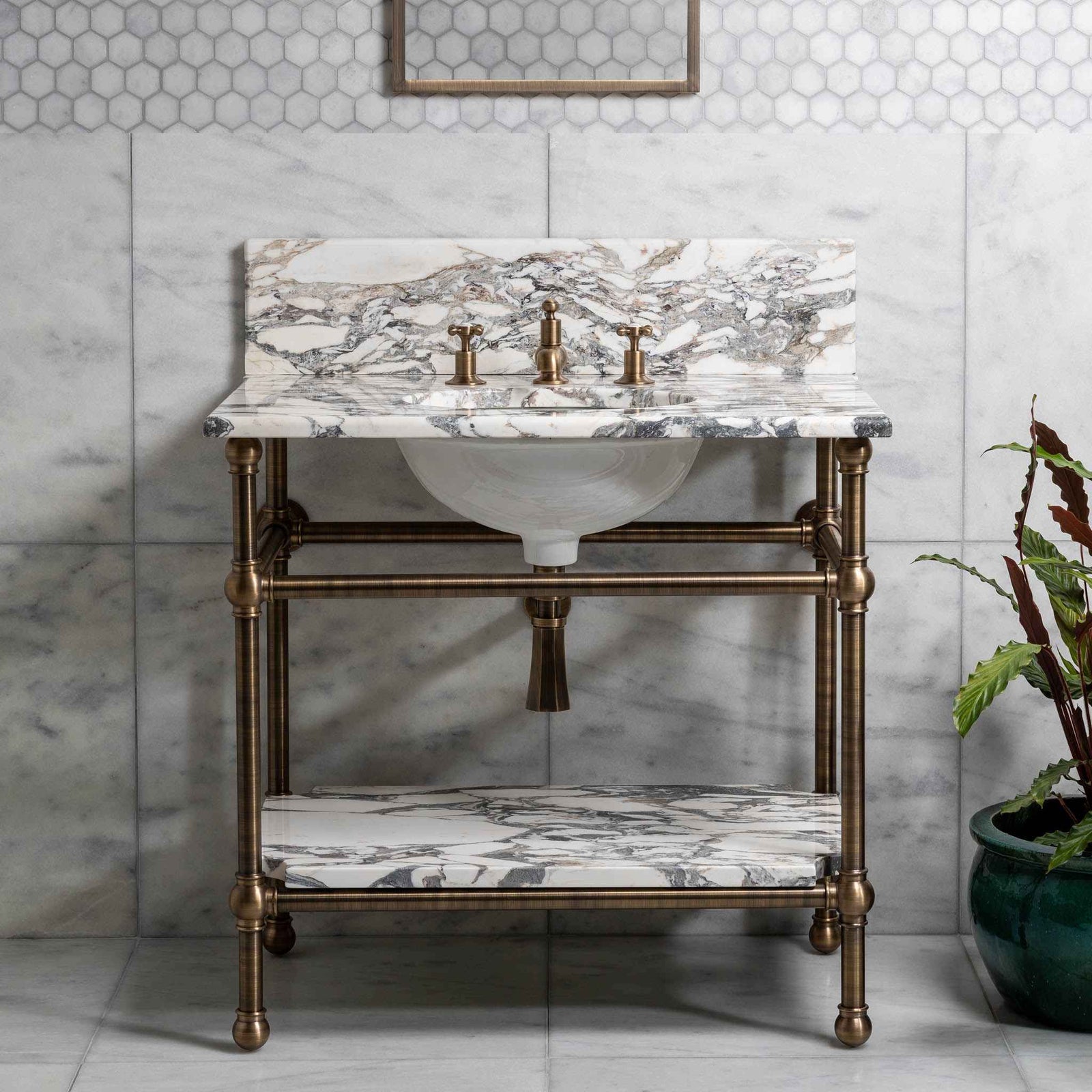 Nevern Single Brass Console Bathroom Sink (Inc. Marble Top, Upstand, Shelf & Sink) - Rutland London (USA)