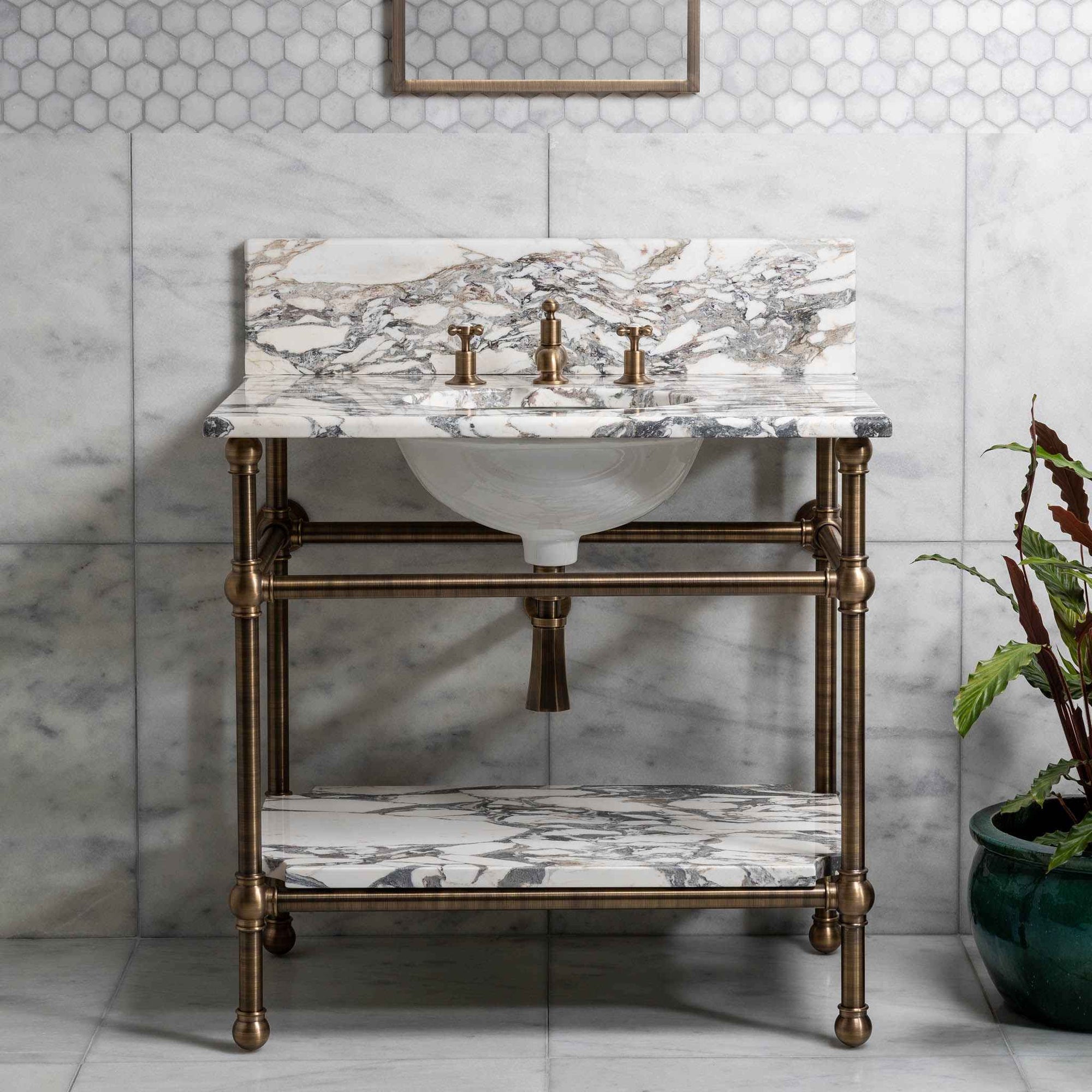 Nevern Brass Console Bathroom Sink (Inc. Marble Top, Upstand, Shelf & Sink) - Rutland London (USA)