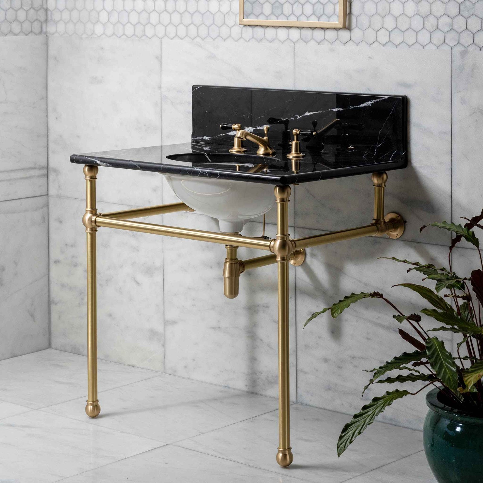 Reliance Single Brass Console Bathroom Sink (Inc. Marble Top, Upstand & Sink) - Rutland London (USA)