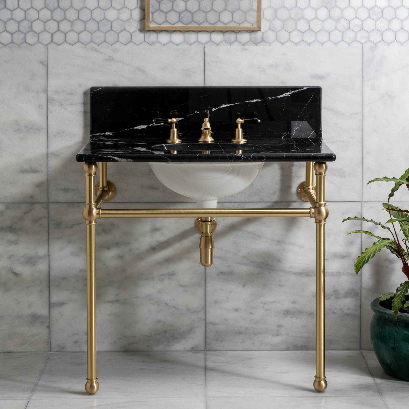 Reliance Single Brass Console Bathroom Sink (Inc. Marble Top, Upstand & Sink) - Rutland London (USA)