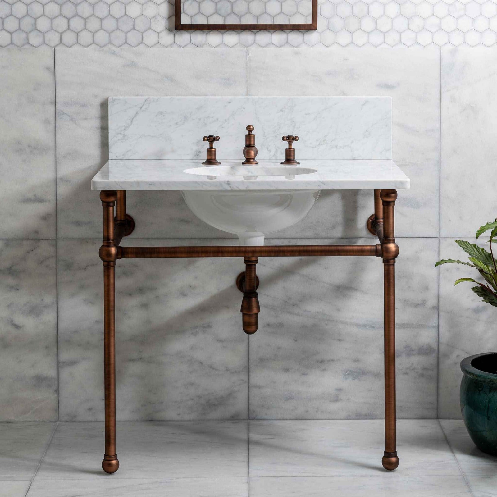 Bloomsbury Single Brass Console Bathroom Sink (Inc. Marble Top, Upstand & Sink) - Rutland London (USA)