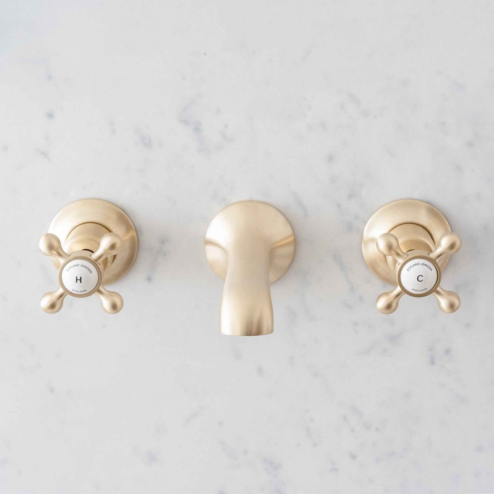 Norton White Ceramic Cross Handle Wall Mount Three Hole Bathroom Sink Faucet - Rutland London (USA)