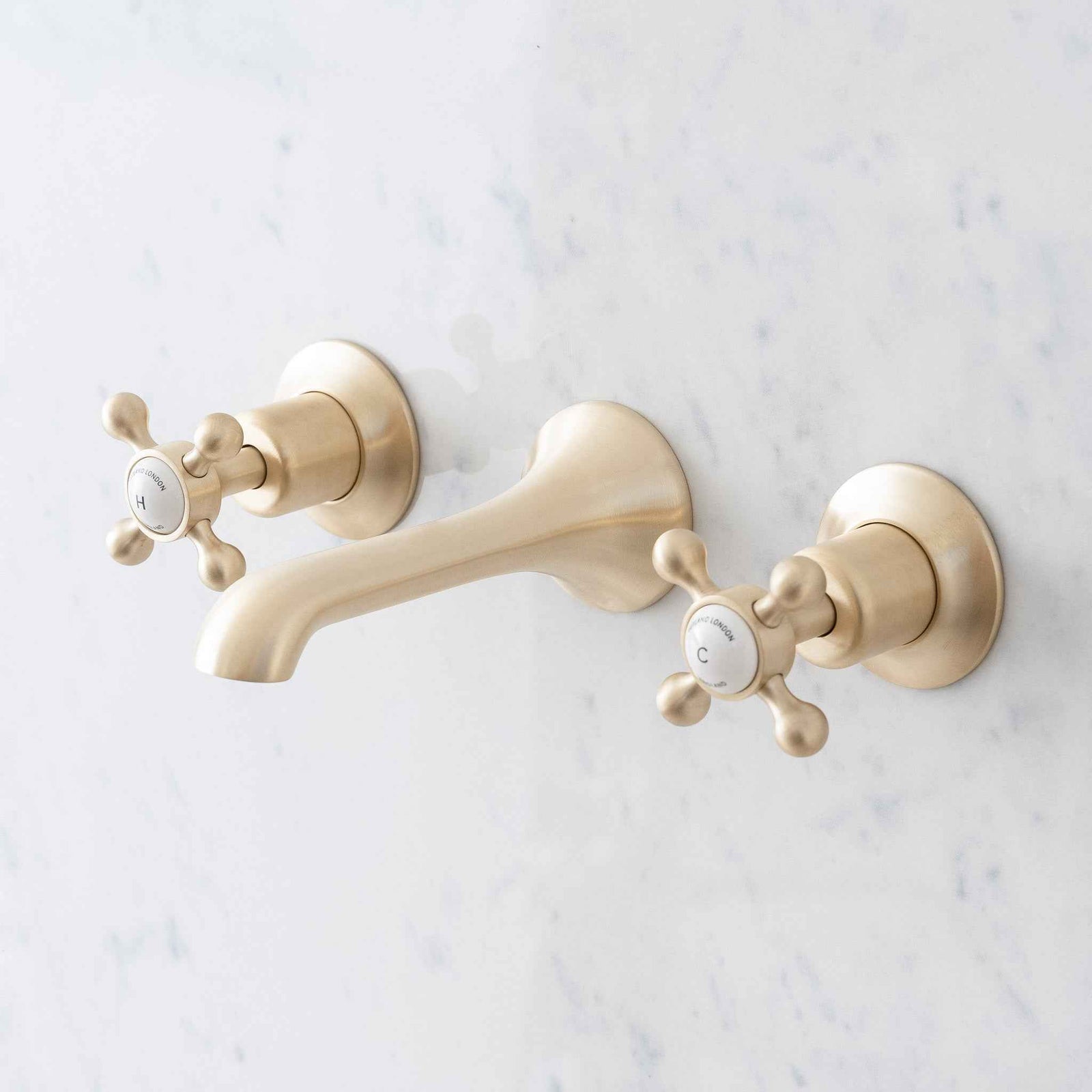 Norton White Ceramic Cross Handle Wall Mount Three Hole Bathroom Sink Faucet - Rutland London (USA)