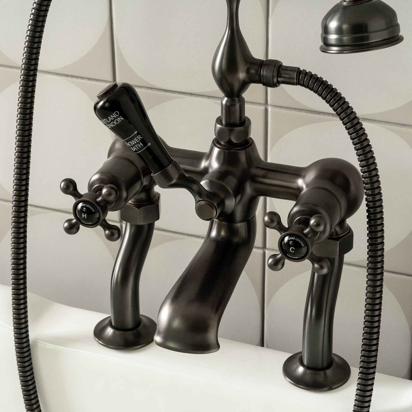Devonshire Black Ceramic Cross Handle Deck Mount Tub Filler With Built-In Diverter (Inc. Hand Shower) - Rutland London (USA)