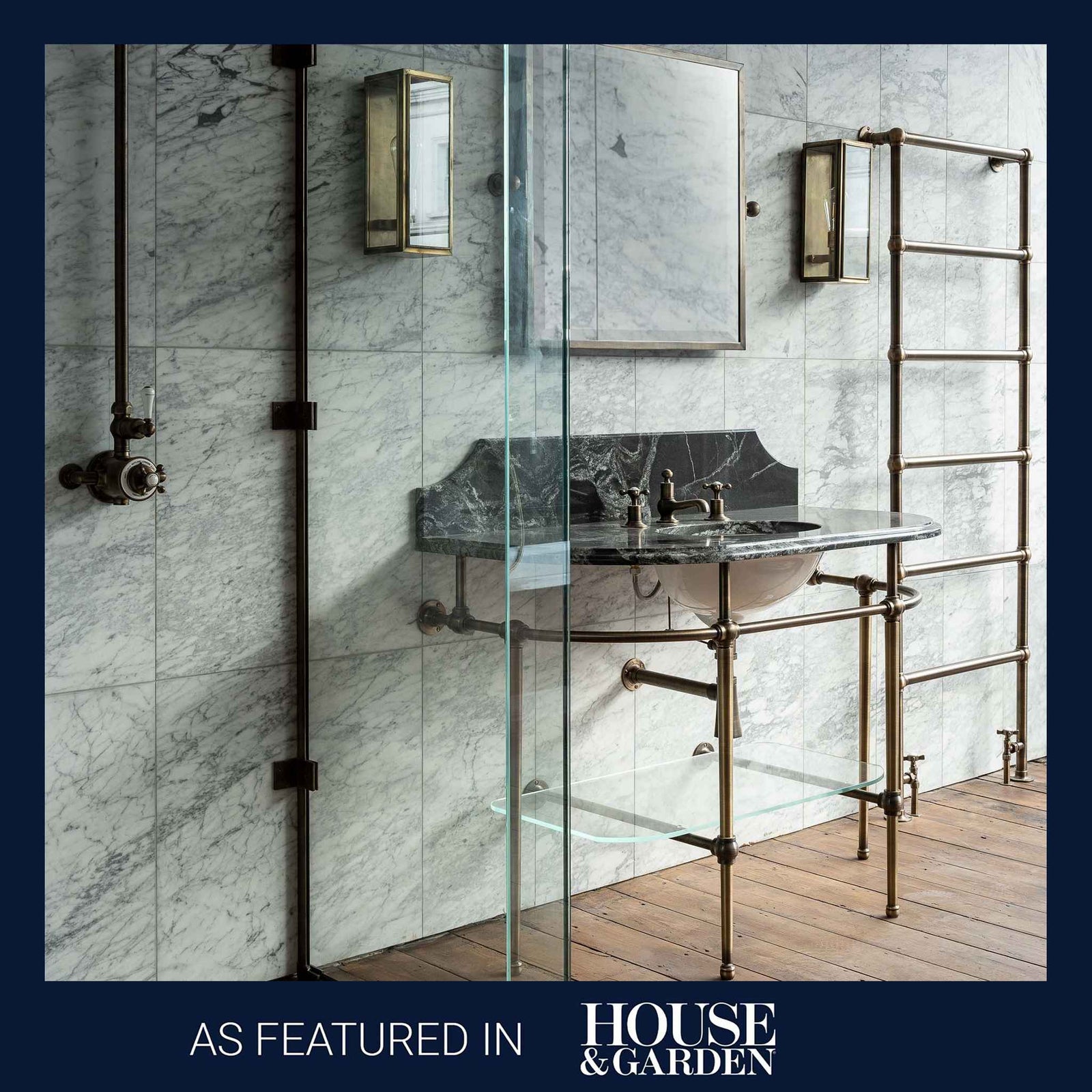 Warwick Single Brass Console Bathroom Sink (Inc. Marble Top, Upstand, Glass Shelf & Sink) - Rutland London (USA)