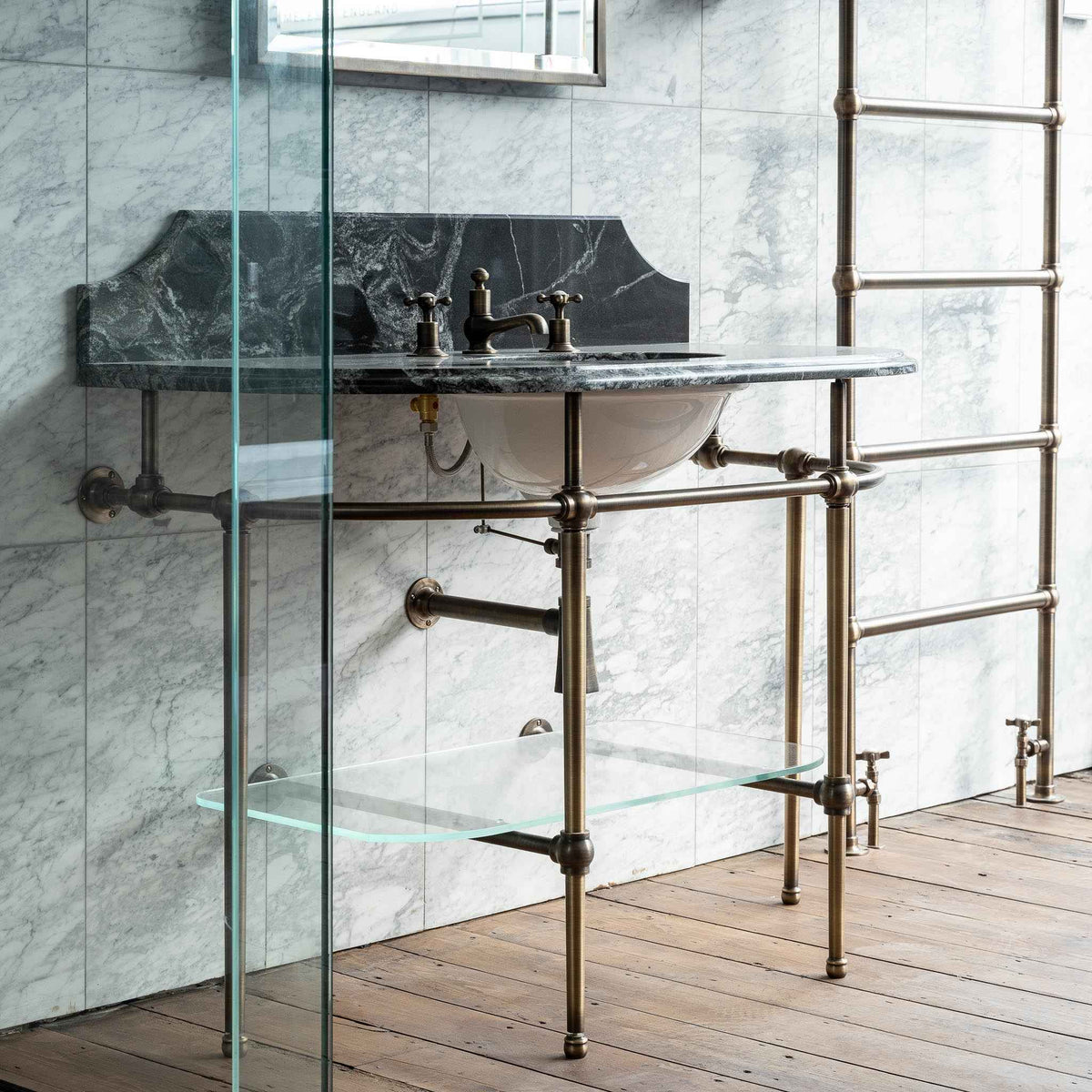 Warwick Brass Console Bathroom Sink (Inc. Marble Top, Upstand, Glass Shelf &amp; Sink)- Rutland London (USA)