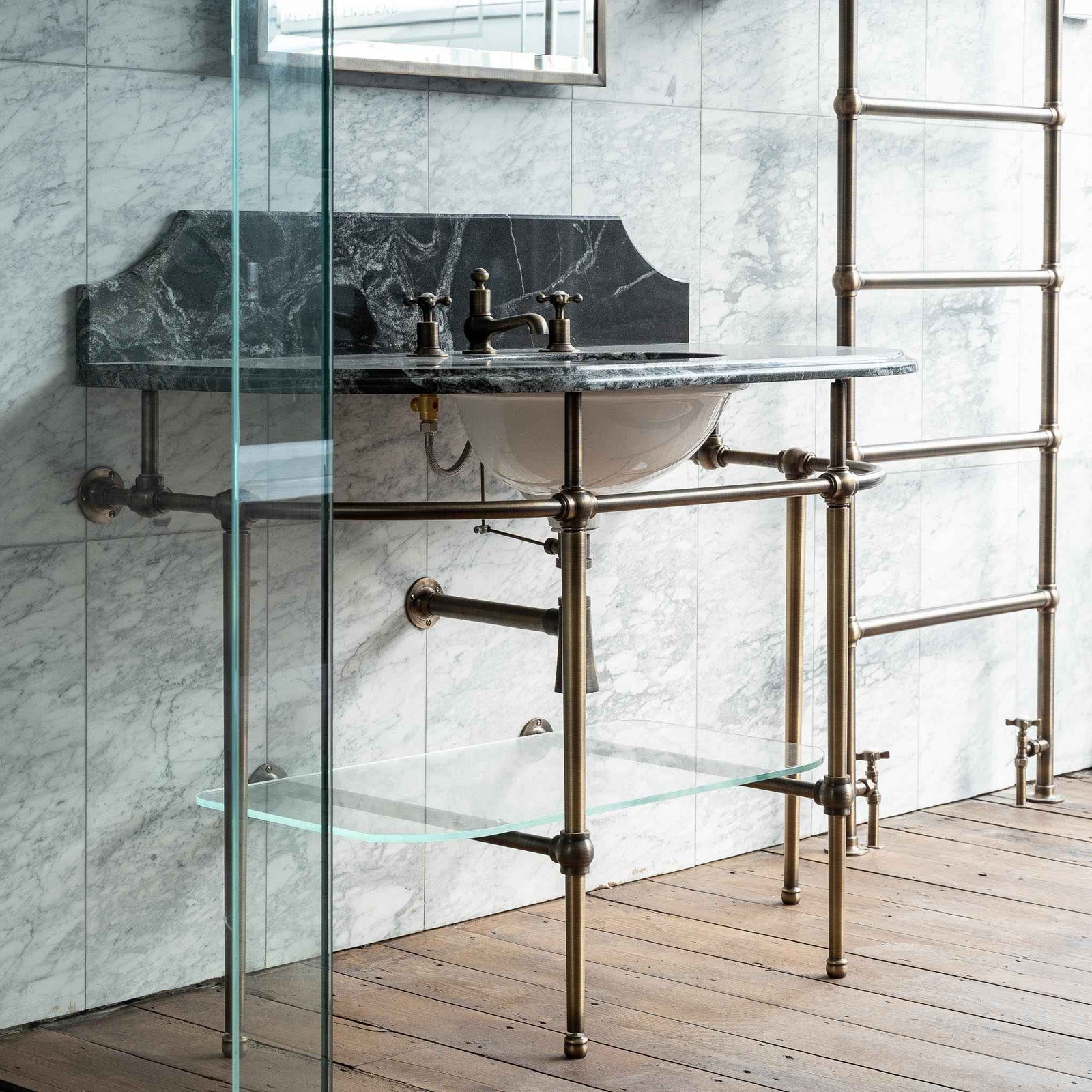 Warwick Single Brass Console Bathroom Sink (Inc. Marble Top, Upstand, Glass Shelf & Sink) - Rutland London (USA)