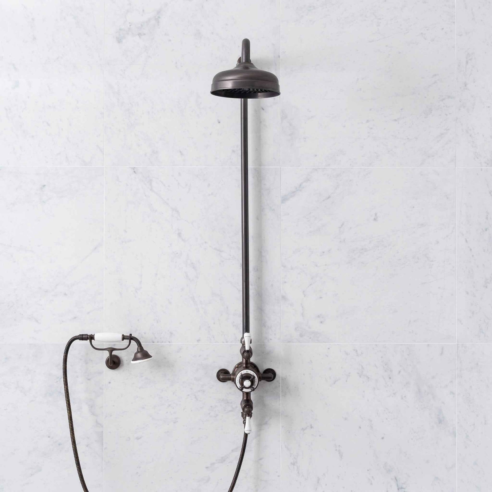 Overton White Ceramic Lever & Cleaver Telephone Handset Exposed Pipe Thermostatic Shower Set - Rutland London (USA)