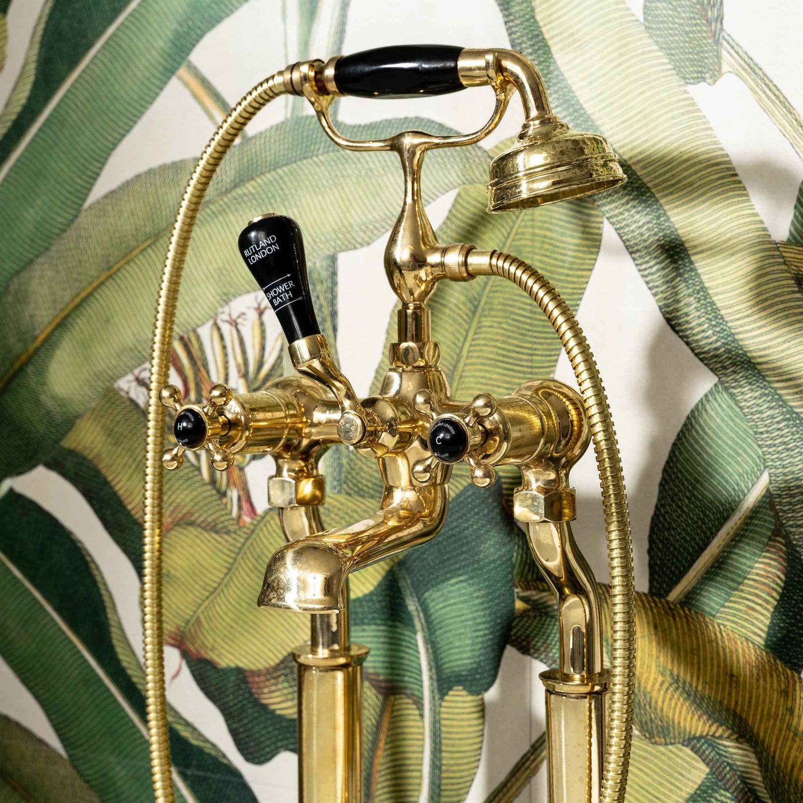 Chartwell Black Ceramic Cross Handle Floor Mount Tub Filler With Built-In Diverter (Inc. Hand Shower) - Rutland London (USA)