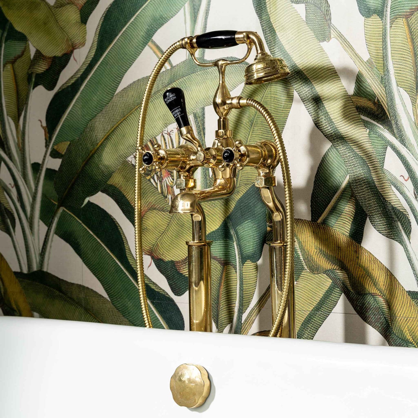 Chartwell Black Ceramic Cross Handle Floor Mount Tub Filler With Built-In Diverter (Inc. Hand Shower) - Rutland London (USA)