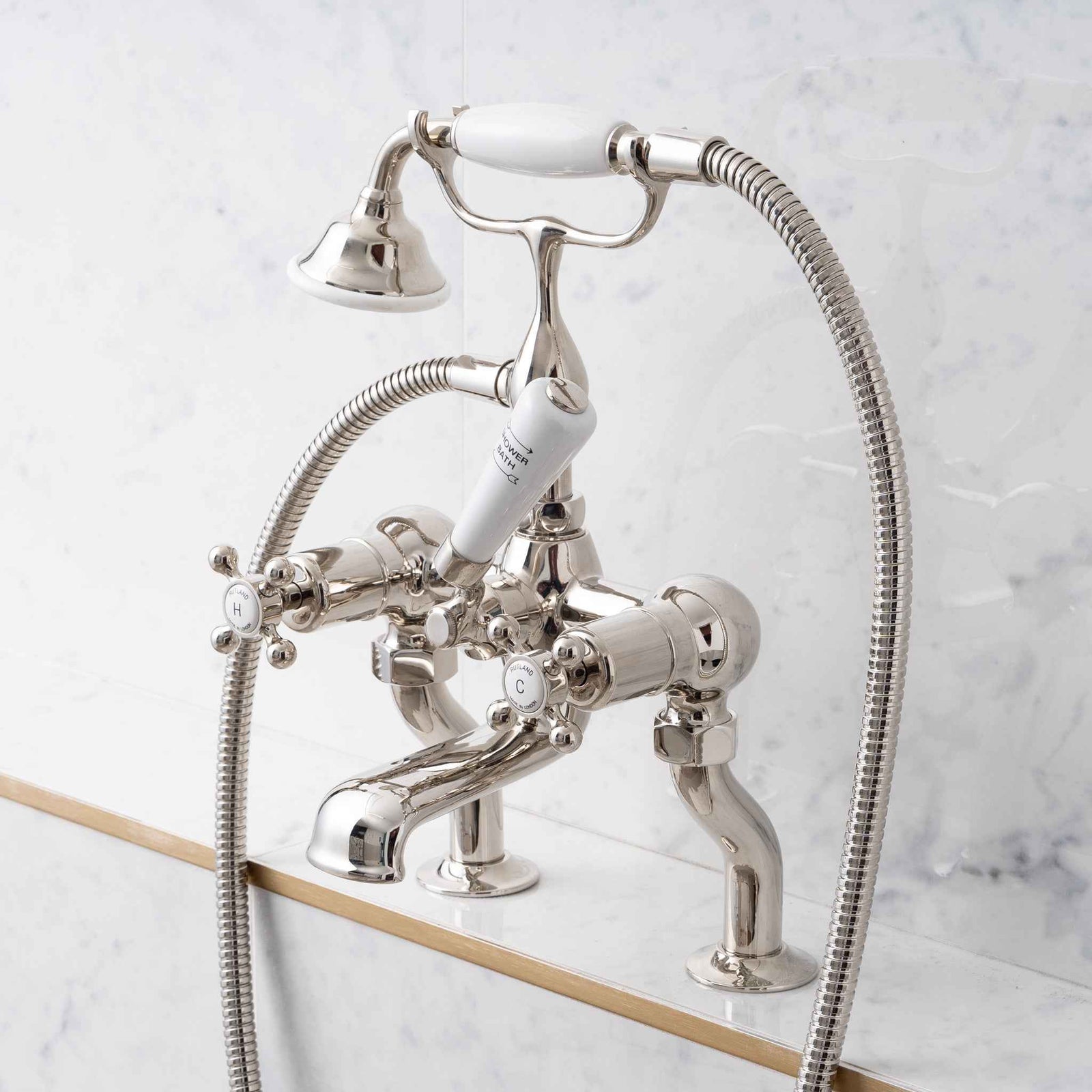 Devonshire White Ceramic Cross Handle Deck Mount Tub Filler With Built-In Diverter (Inc. Hand Shower) - Rutland London (USA)