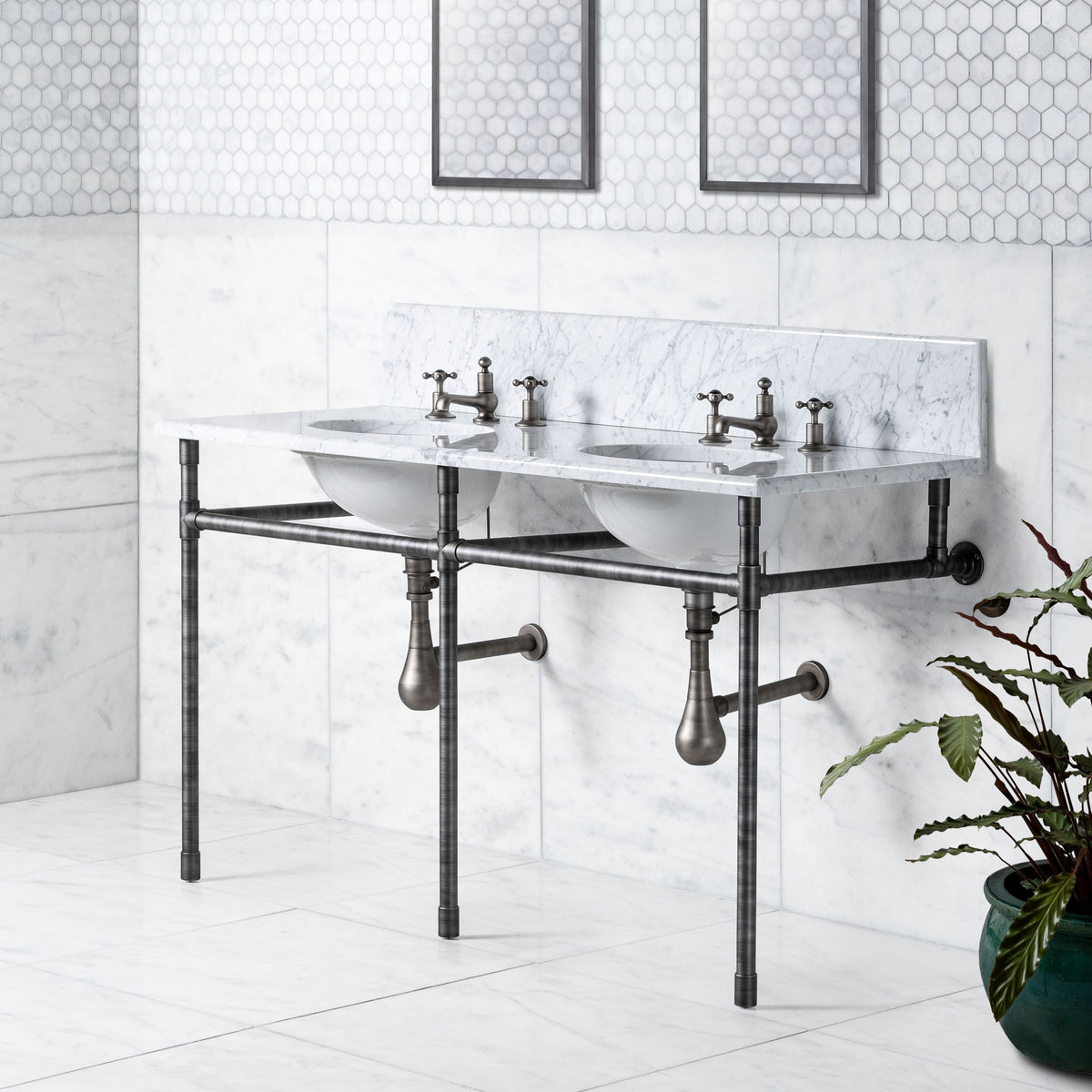 Thornhill Double Brass Console Bathroom Sink (Inc. Marble Top, Upstand & Sinks) - Rutland London (USA)