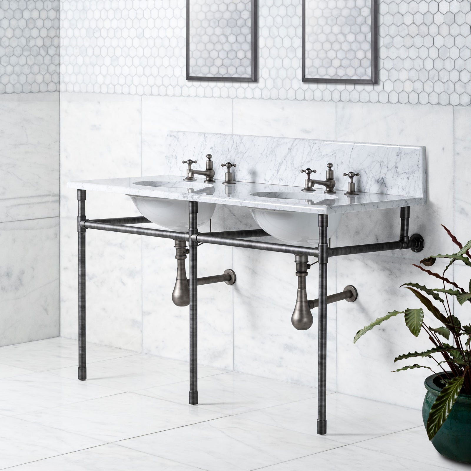 Thornhill Double Brass Console Bathroom Sink (Inc. Marble Top, Upstand & Sinks) - Rutland London (USA)
