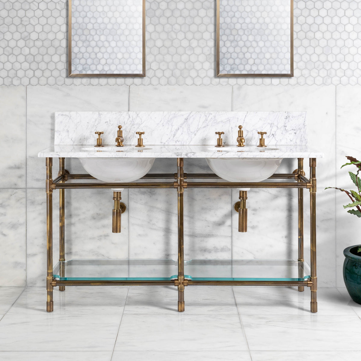 Orchard Double Brass Console Bathroom Sink (Inc. Marble Top, Upstand, Glass Shelf & Sinks) - Rutland London (USA)