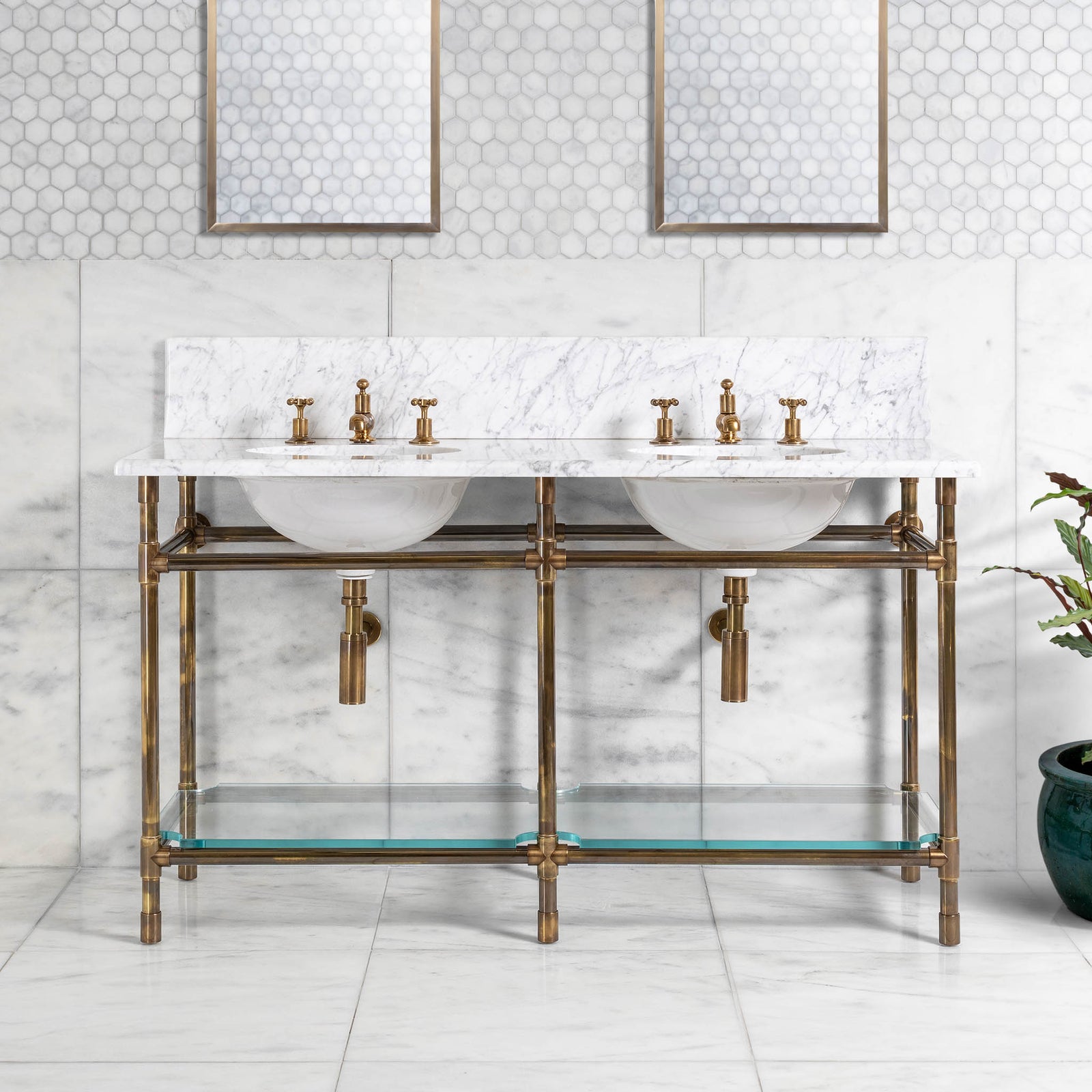 Orchard Double Brass Console Bathroom Sink (Inc. Marble Top, Upstand, Glass Shelf & Sinks) - Rutland London (USA)