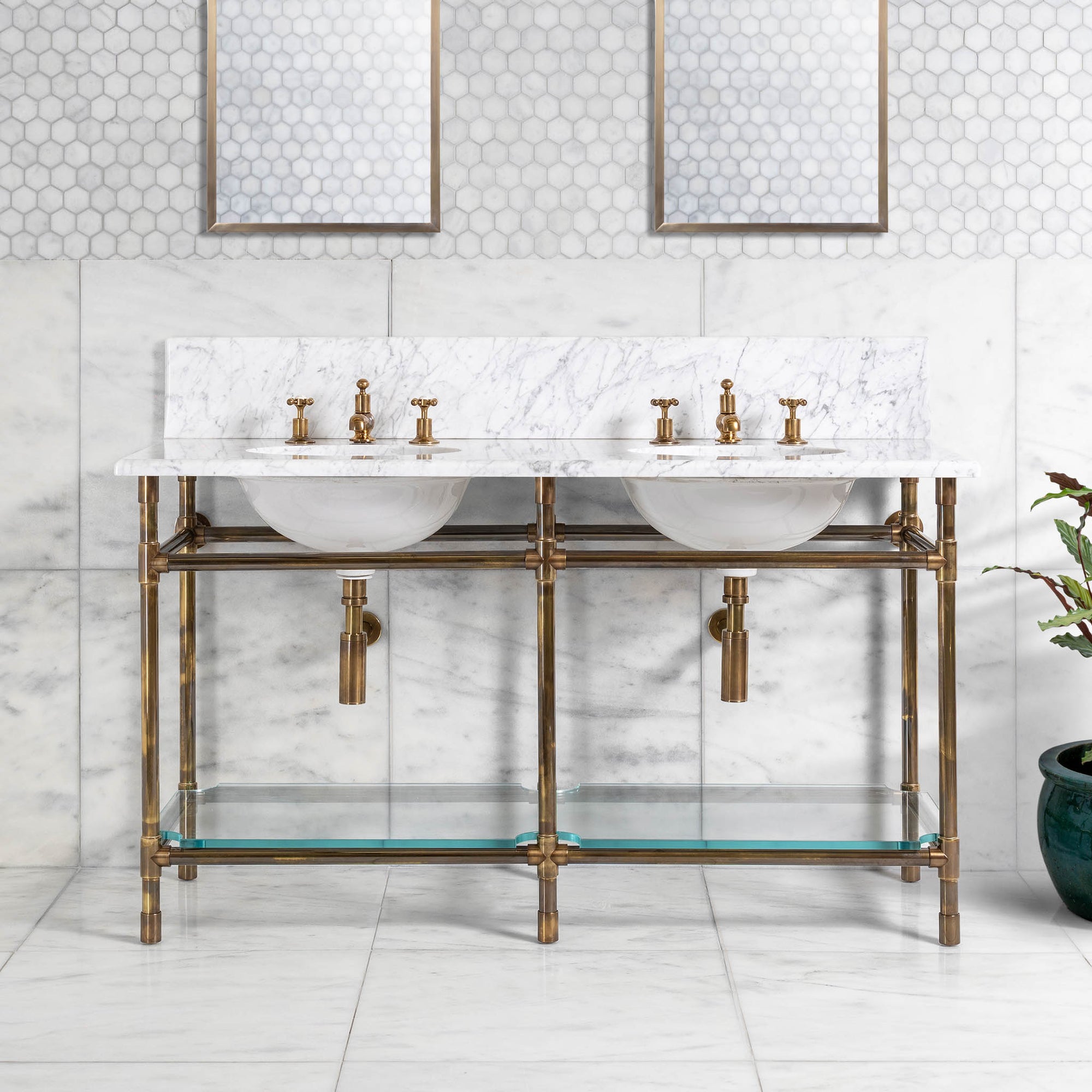 Orchard Double Brass Console Bathroom Sink (Inc. Marble Top, Upstand, Glass Shelf & Sinks) - Rutland London (USA)
