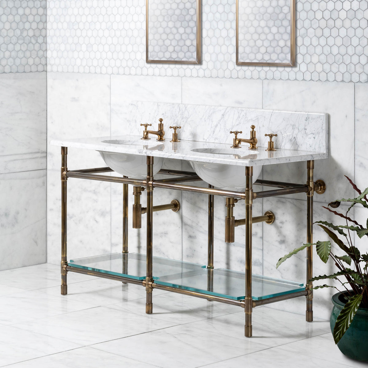 Orchard Double Brass Console Bathroom Sink (Inc. Marble Top, Upstand, Glass Shelf & Sinks) - Rutland London (USA)