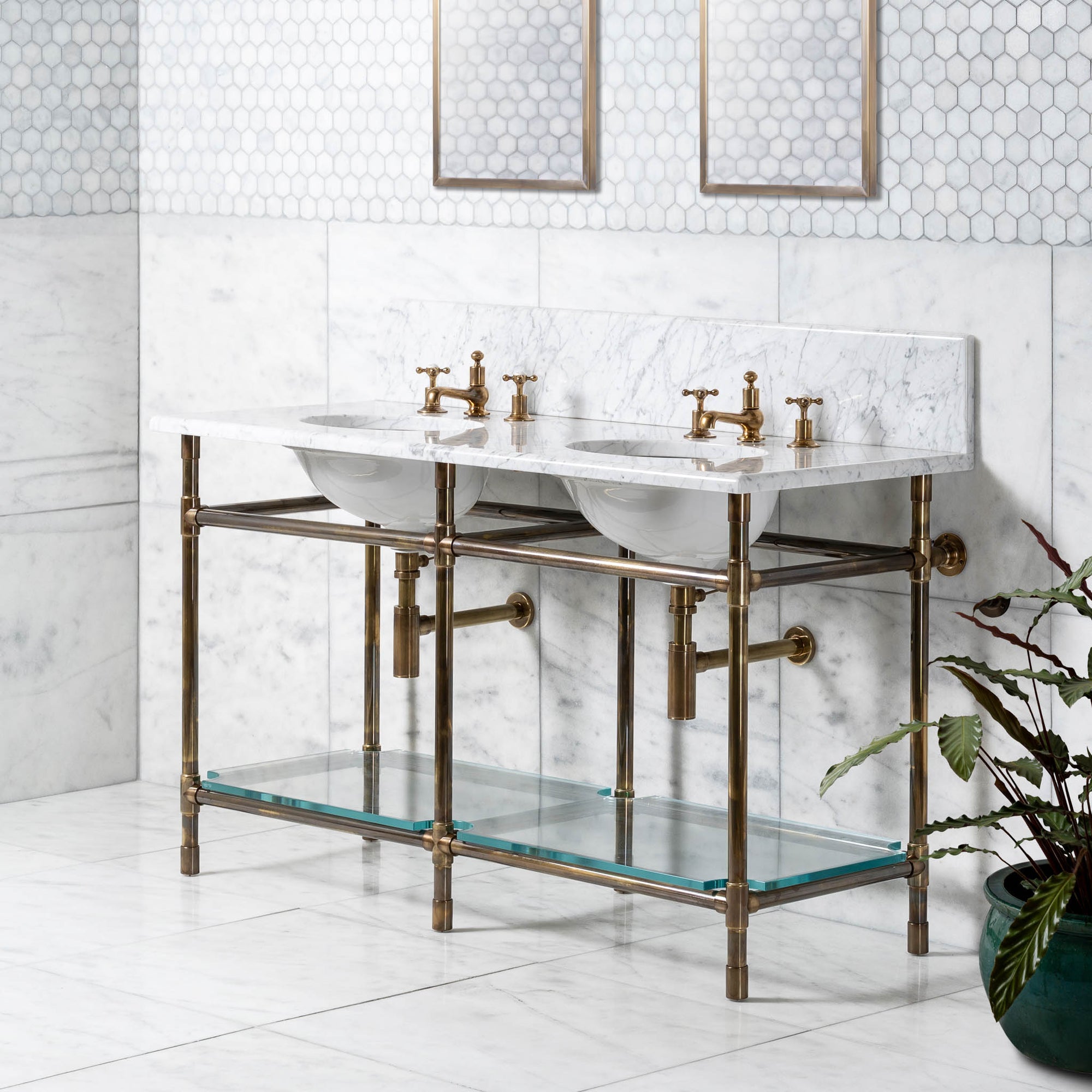 Orchard Double Brass Console Bathroom Sink (Inc. Marble Top, Upstand, Glass Shelf & Sinks) - Rutland London (USA)