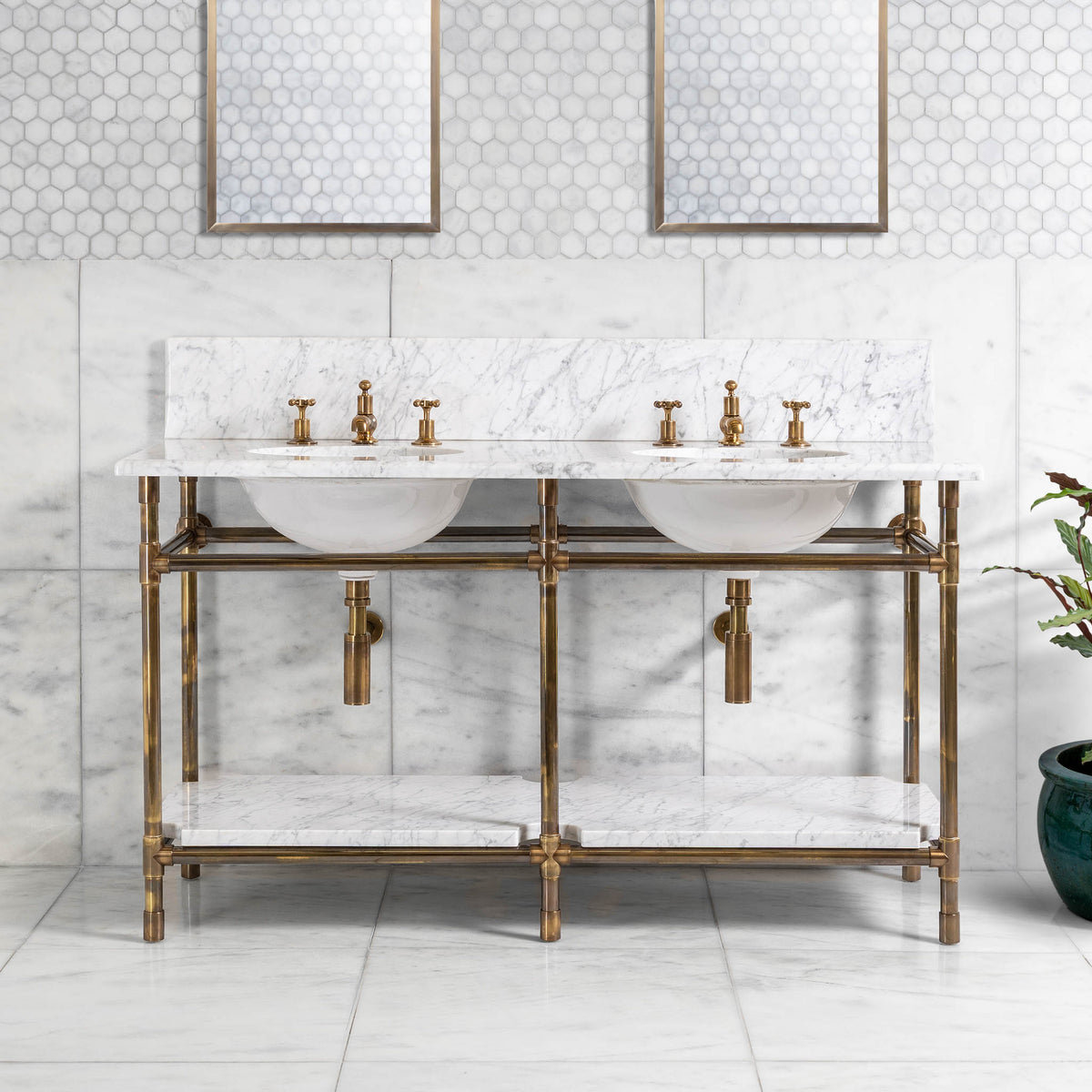 Franklin Double Brass Console Bathroom Sink (Inc. Marble Top, Upstand, Shelf & Sinks) - Rutland London (USA)