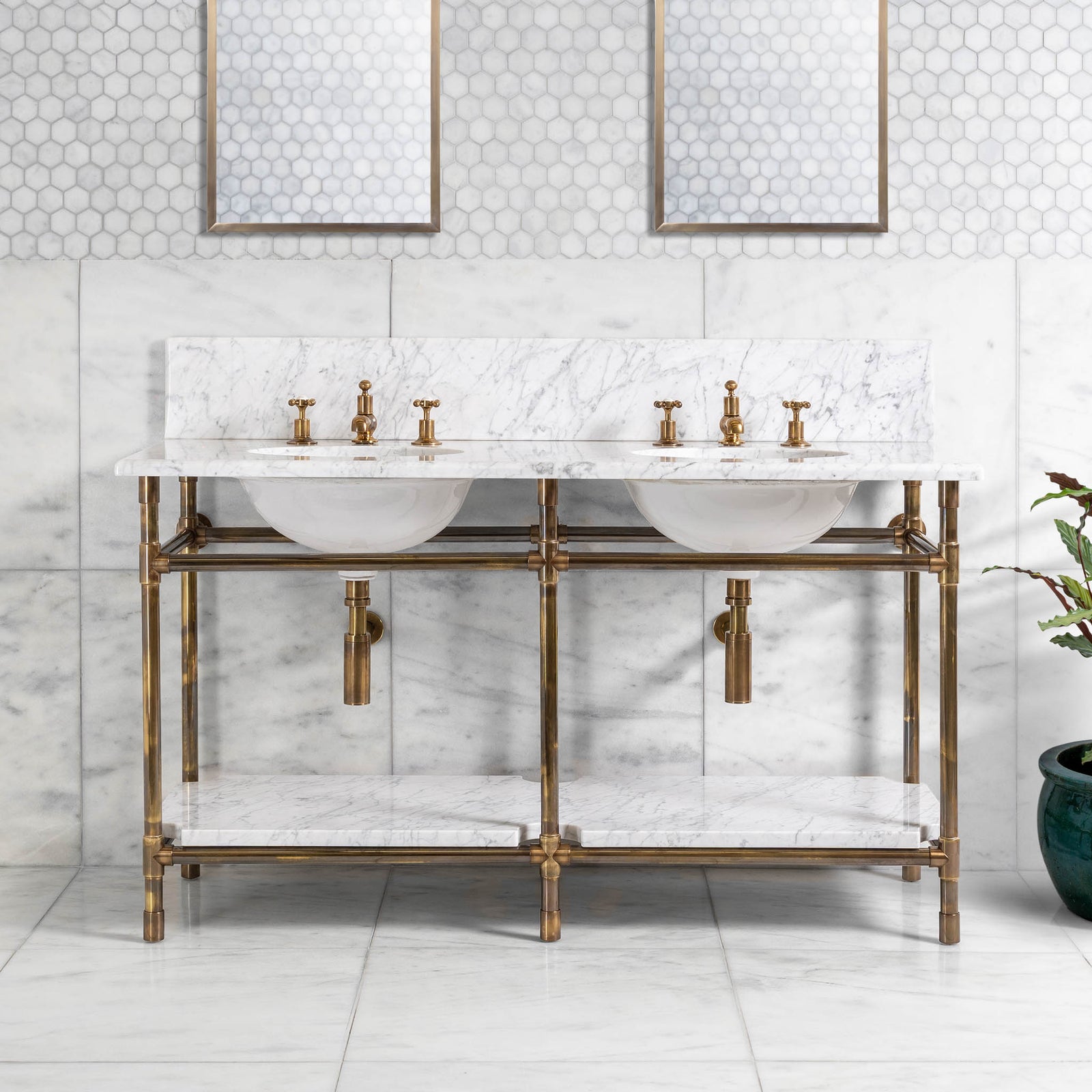 Franklin Double Brass Console Bathroom Sink (Inc. Marble Top, Upstand, Shelf & Sinks) - Rutland London (USA)