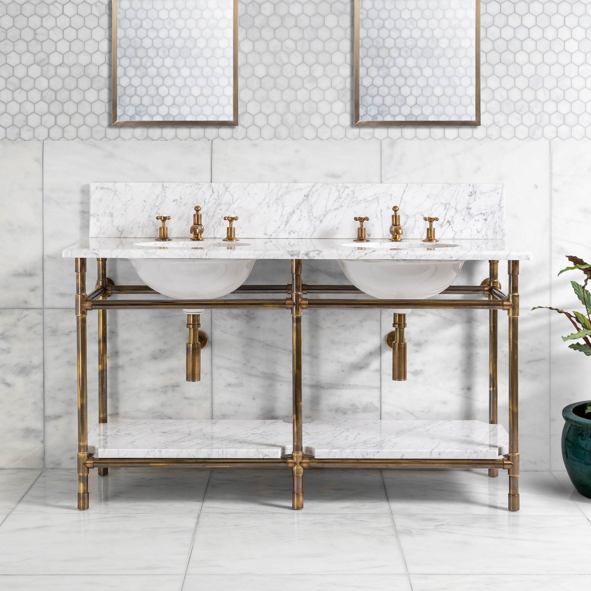 Franklin Double Brass Console Bathroom Sink (Inc. Marble Top, Upstand, Shelf & Sinks) - Rutland London (USA)
