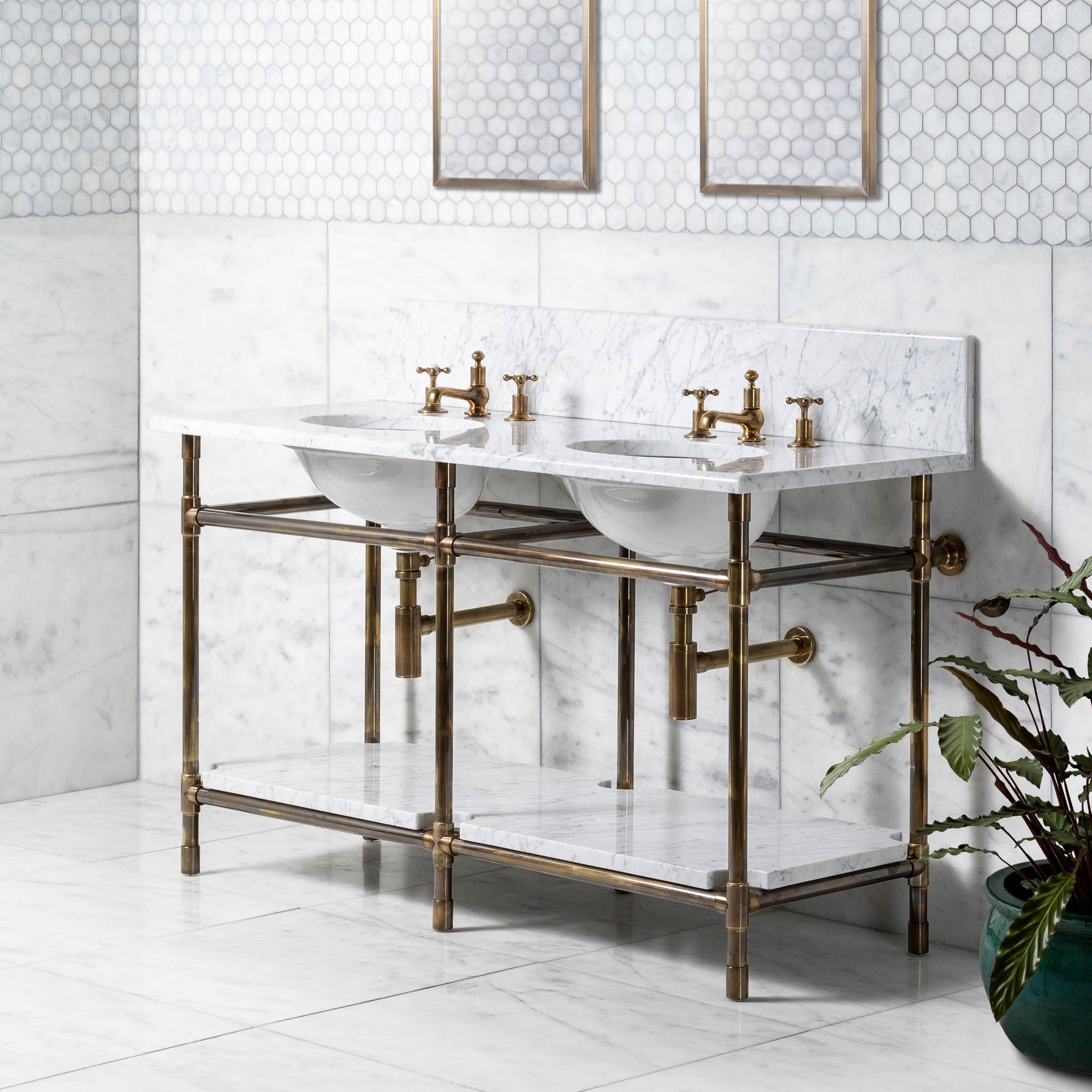 Franklin Double Brass Console Bathroom Sink (Inc. Marble Top, Upstand, Shelf & Sinks) - Rutland London (USA)